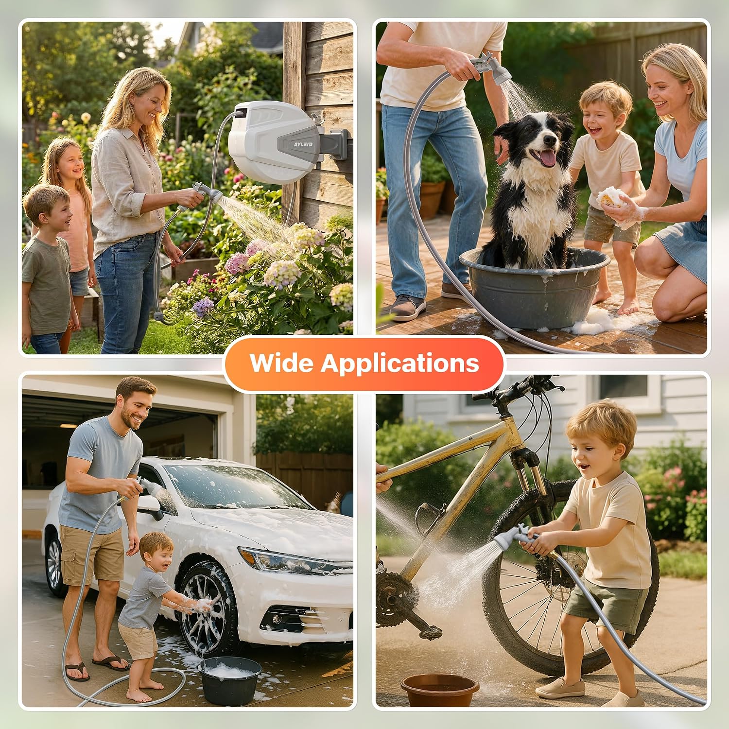 Ayleid Retractable Rubber Hybrid Garden Hose Reel. 1/2x130ft Wall Mount | Anti-freeze. kink-free premium rubber hybrid hose. 24-month warranty. 9-pattern sprayer. any-length lock. slow auto-return.