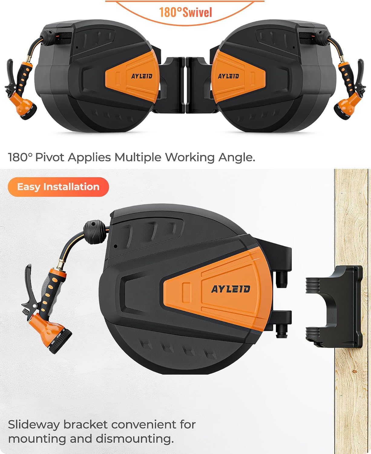 Ayleid Retractable Rubber Hybrid Garden Hose Reel. 1/2x130ft Wall Mount | Anti-freeze. kink-free premium rubber hybrid hose. 24-month warranty. 9-pattern sprayer. any-length lock. slow auto-return.