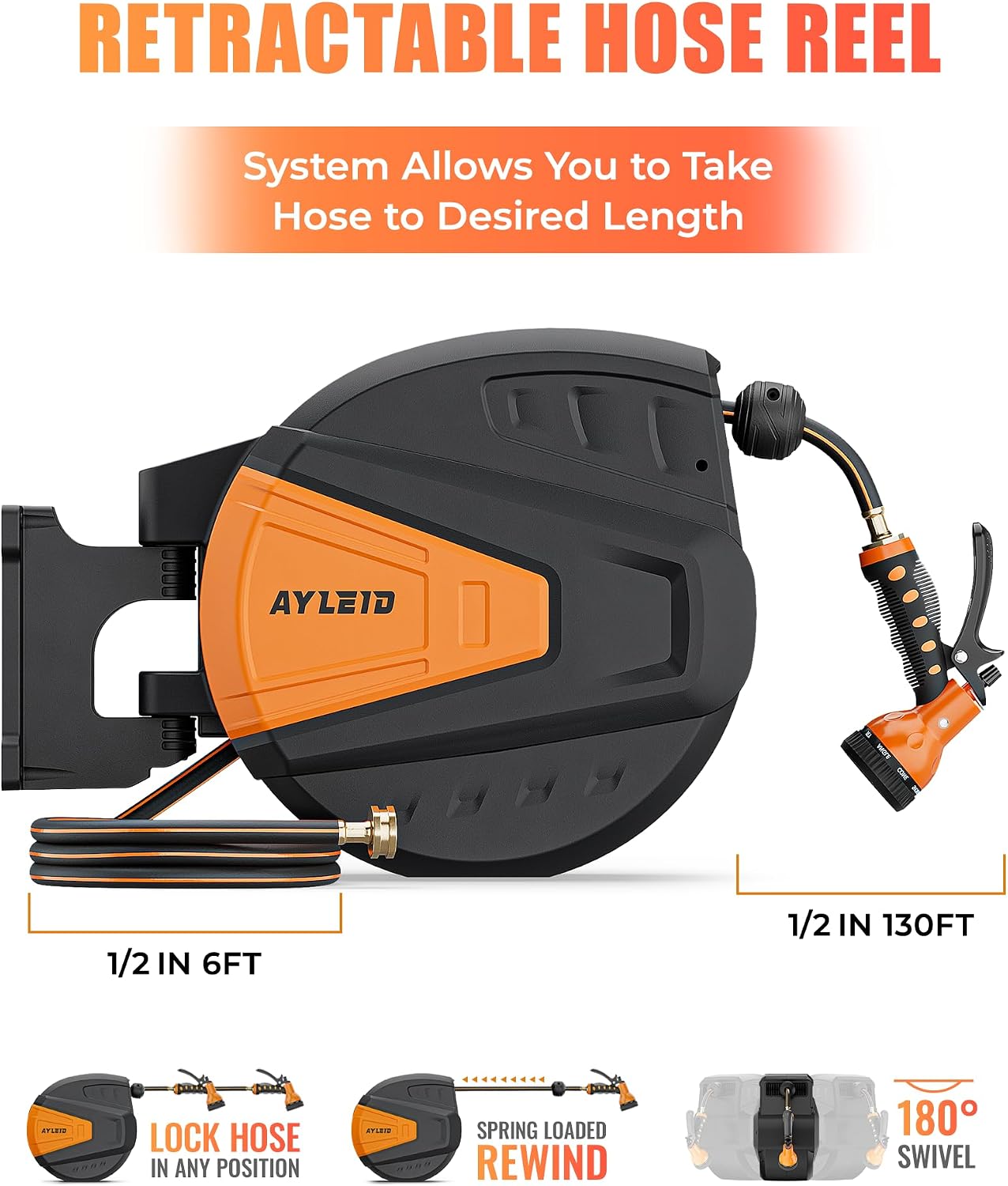 Ayleid Retractable Rubber Hybrid Garden Hose Reel. 1/2x130ft Wall Mount | Anti-freeze. kink-free premium rubber hybrid hose. 24-month warranty. 9-pattern sprayer. any-length lock. slow auto-return.