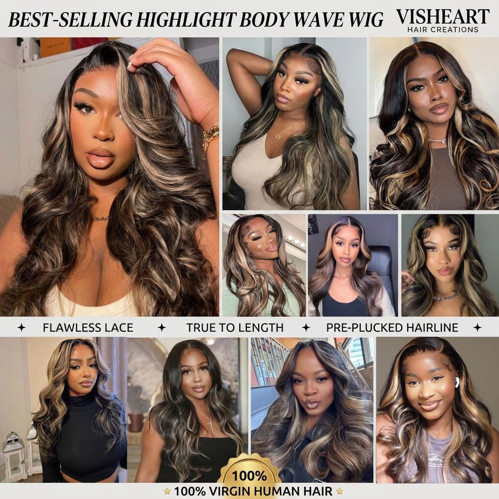 Balayage Ombre Highlight Body Wave 13x6 Lace Front Wigs Human Hair 26 Inch | 13x6 HD Transparent Lace Frontal. 1B/27 Black & Blonde Wigs. 180% Density. Pre Plucked with Baby Hair. Glueless for Women