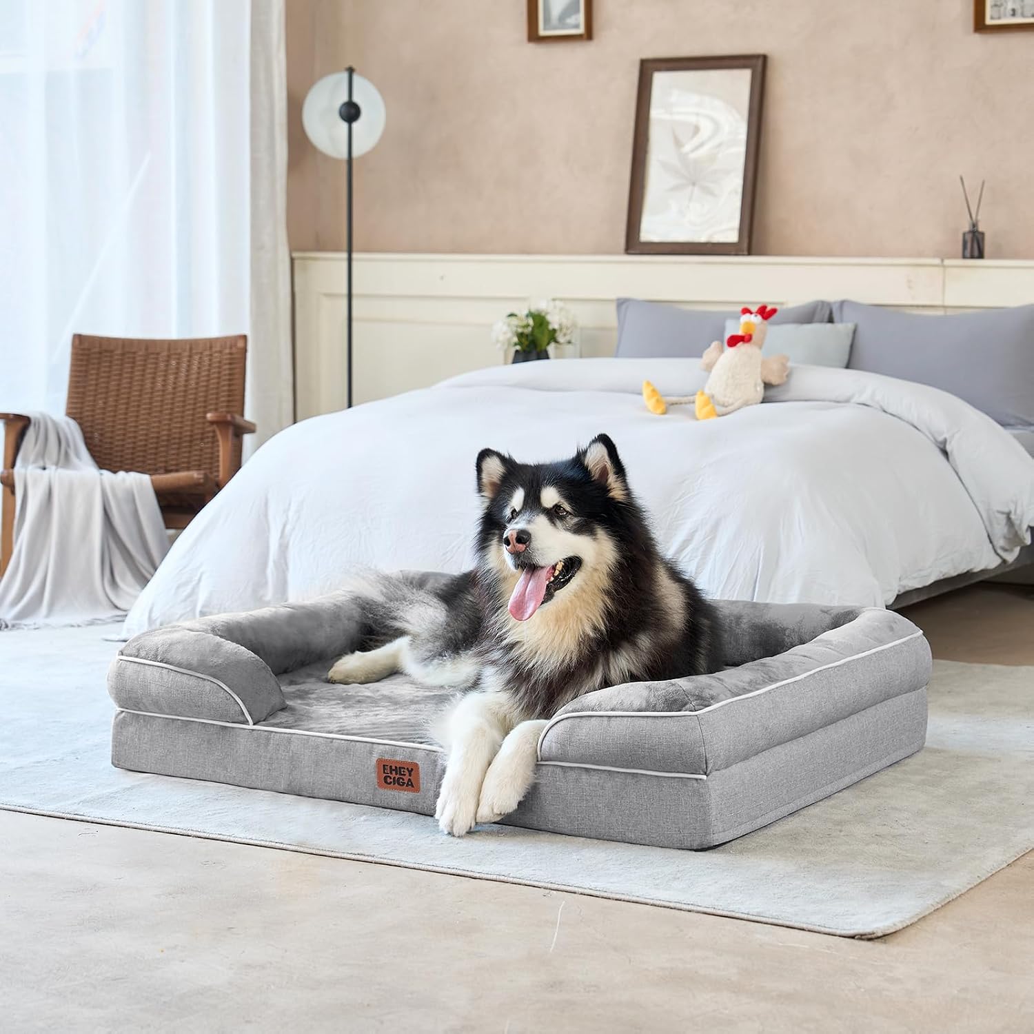 EHEYCIGA Orthopedic Extra Large Dog Bed. Waterproof Washable XL Pet Bed 44 | Non-Slip Bottom and Egg-Crate Polyurethane Foam Big Dog Couch Bed with Washable Removable Cover. Grey