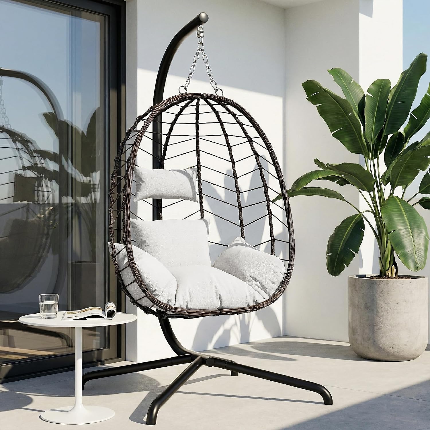 Hanging Egg Chair with Stand. Swinging Egg Chair Outdoor Indoor. Hanging Basket Chair with Cushion. Patio Wicker Hammock Chair 350lbs Capacity (Brown-Gery)