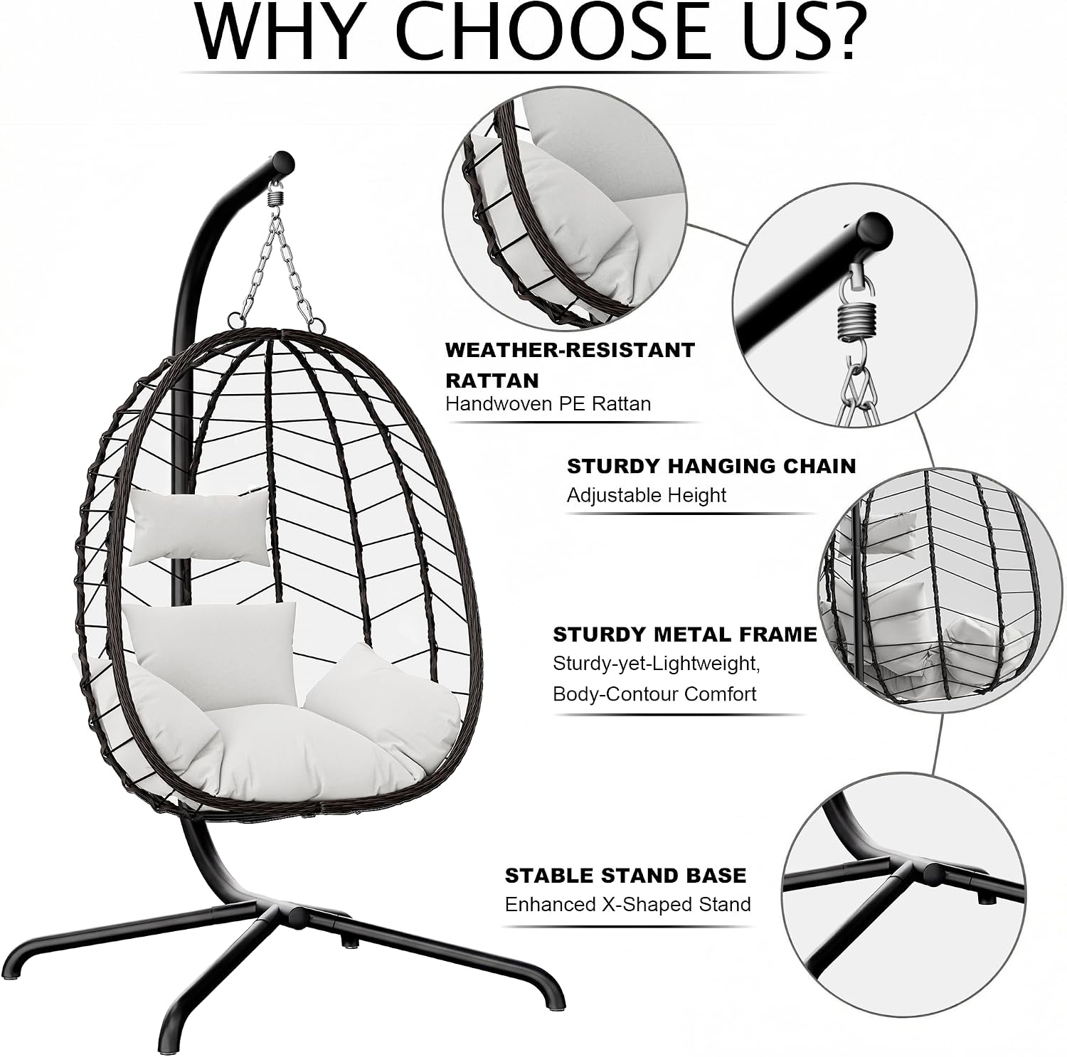 Hanging Egg Chair with Stand. Swinging Egg Chair Outdoor Indoor. Hanging Basket Chair with Cushion. Patio Wicker Hammock Chair 350lbs Capacity (Brown-Gery)