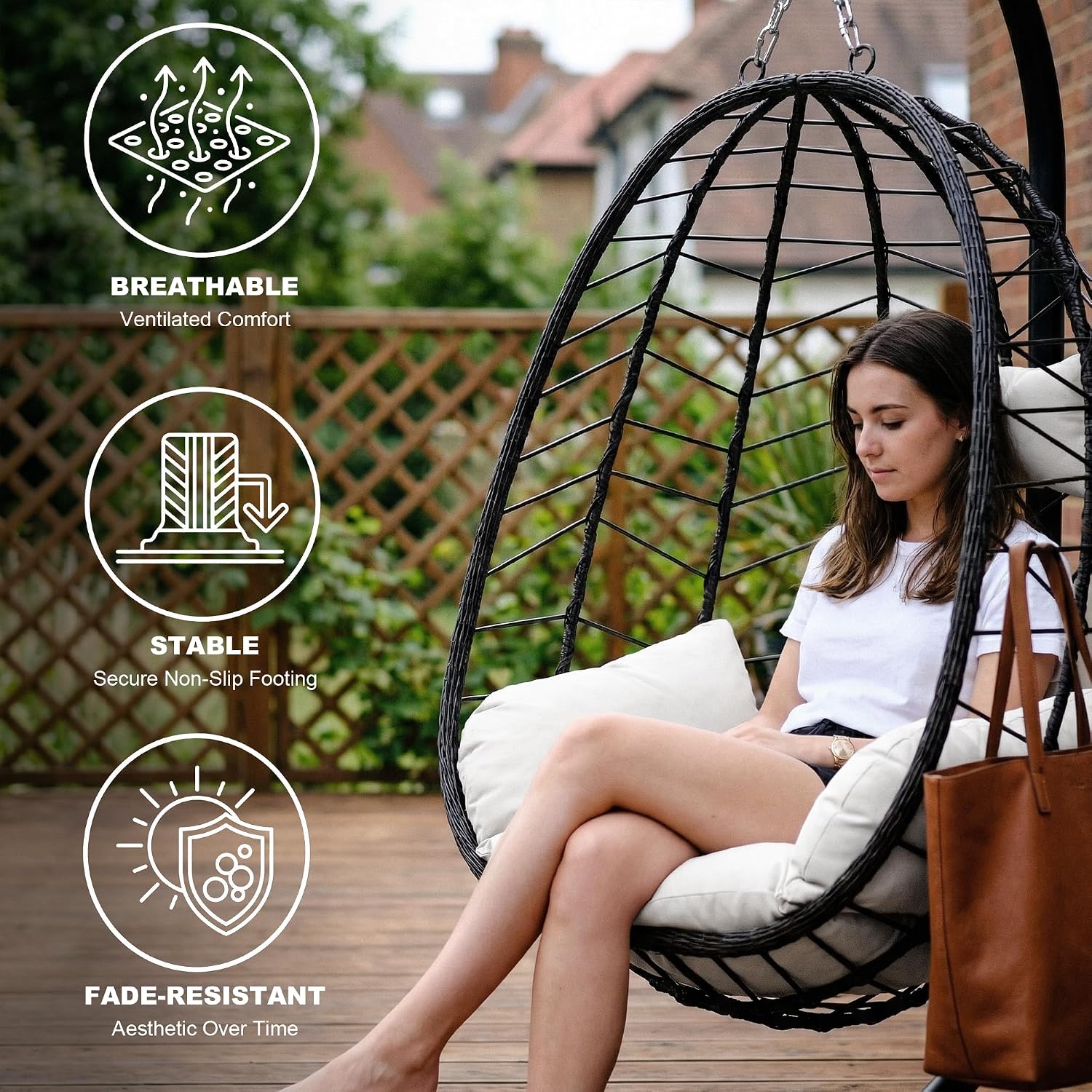 Hanging Egg Chair with Stand. Swinging Egg Chair Outdoor Indoor. Hanging Basket Chair with Cushion. Patio Wicker Hammock Chair 350lbs Capacity (Brown-Gery)