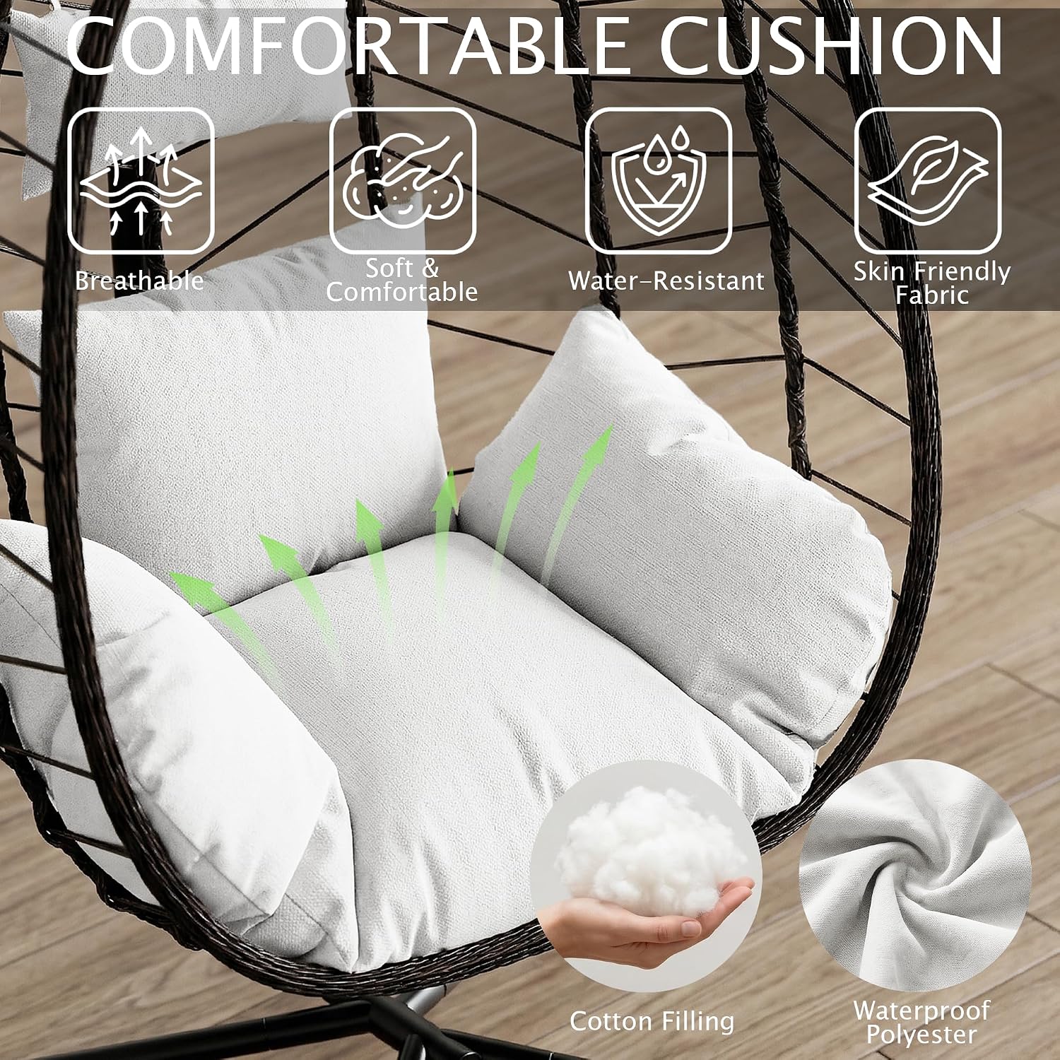 Hanging Egg Chair with Stand. Swinging Egg Chair Outdoor Indoor. Hanging Basket Chair with Cushion. Patio Wicker Hammock Chair 350lbs Capacity (Brown-Gery)
