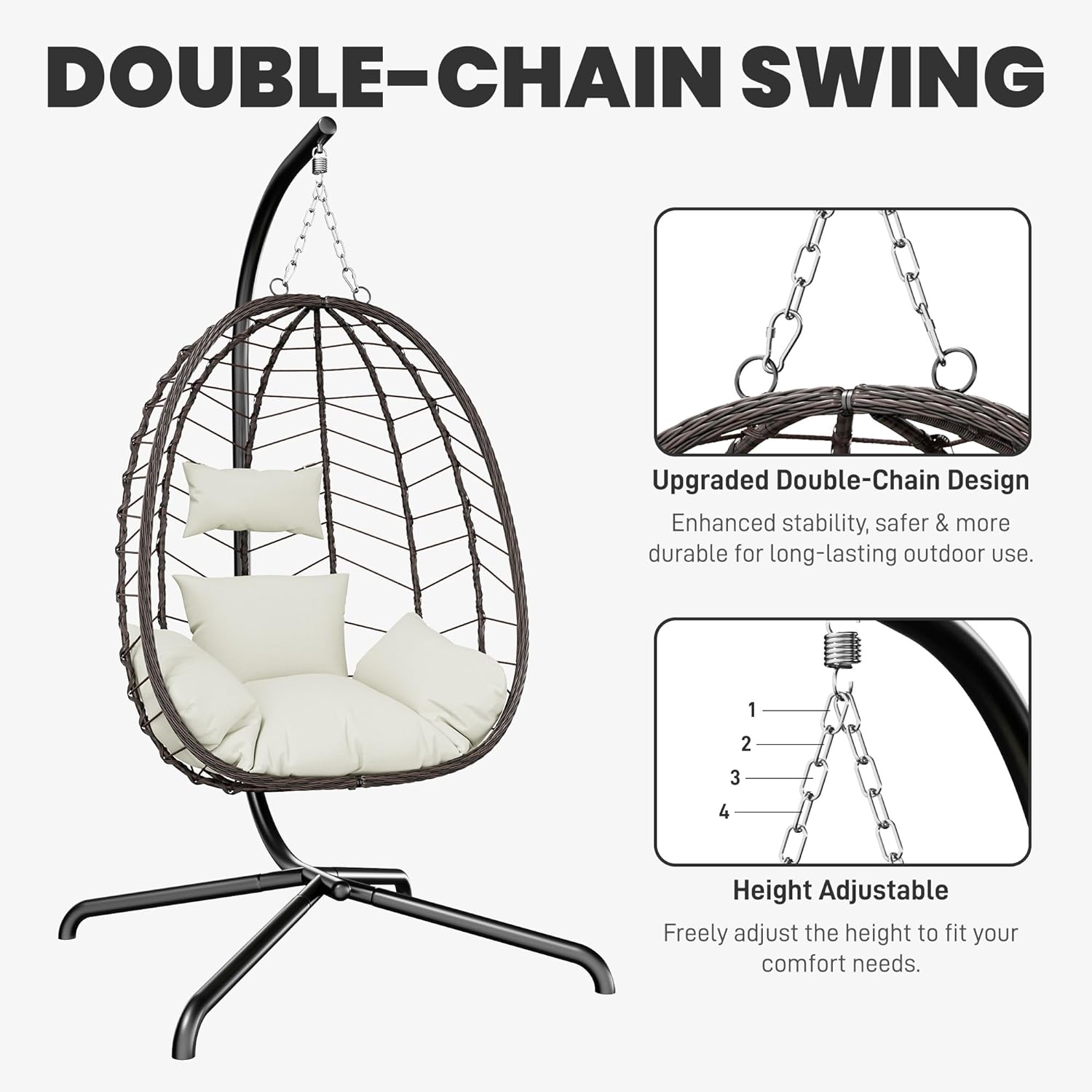 Hanging Egg Chair with Stand. Swinging Egg Chair Outdoor Indoor. Hanging Basket Chair with Cushion. Patio Wicker Hammock Chair 350lbs Capacity (Brown-Gery)