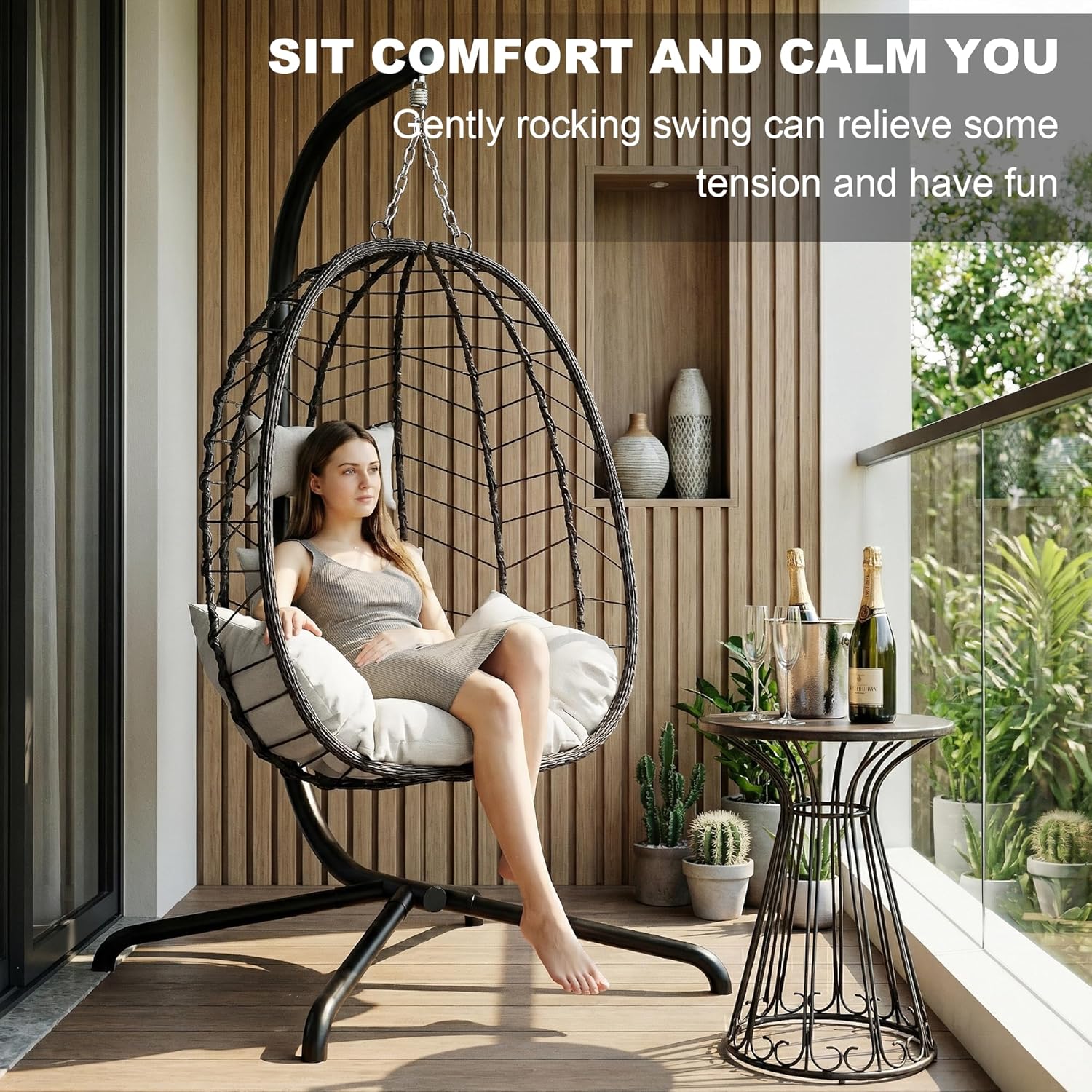 Hanging Egg Chair with Stand. Swinging Egg Chair Outdoor Indoor. Hanging Basket Chair with Cushion. Patio Wicker Hammock Chair 350lbs Capacity (Brown-Gery)