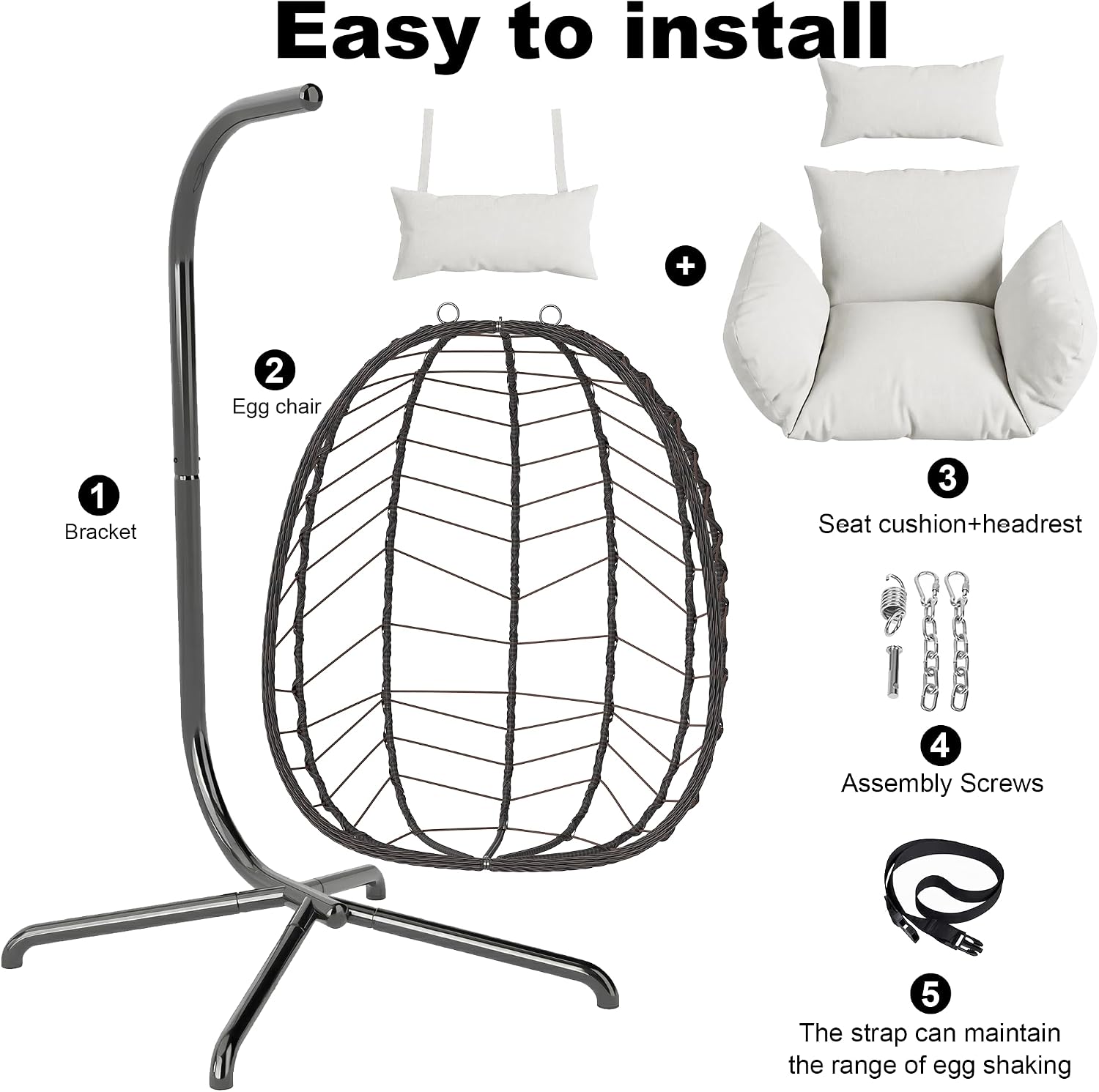 Hanging Egg Chair with Stand. Swinging Egg Chair Outdoor Indoor. Hanging Basket Chair with Cushion. Patio Wicker Hammock Chair 350lbs Capacity (Brown-Gery)
