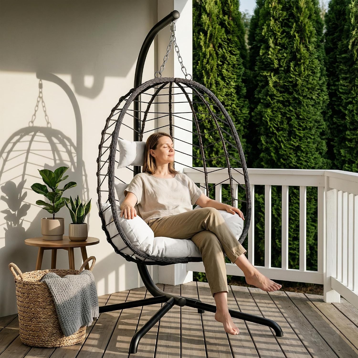 Hanging Egg Chair with Stand. Swinging Egg Chair Outdoor Indoor. Hanging Basket Chair with Cushion. Patio Wicker Hammock Chair 350lbs Capacity (Brown-Gery)