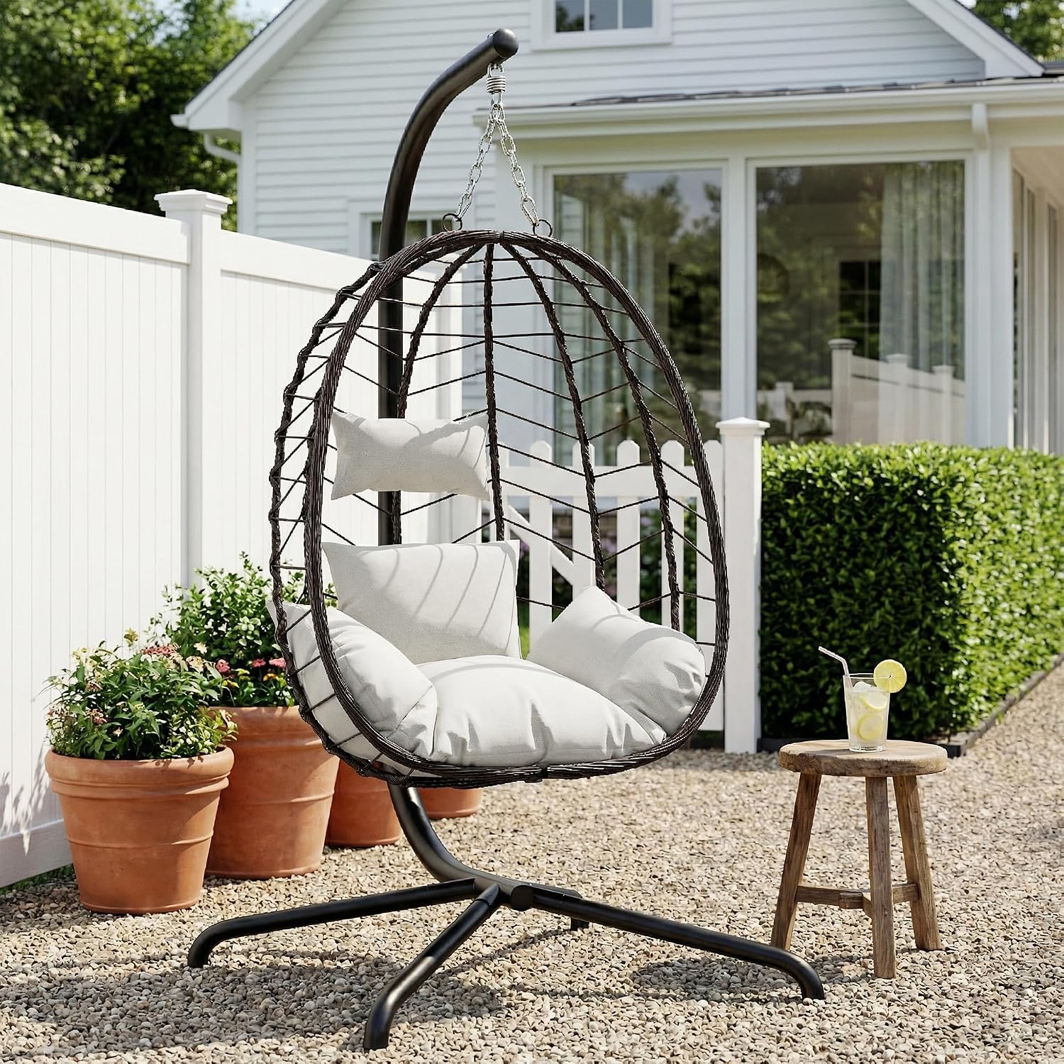Hanging Egg Chair with Stand. Swinging Egg Chair Outdoor Indoor. Hanging Basket Chair with Cushion. Patio Wicker Hammock Chair 350lbs Capacity (Brown-Gery)