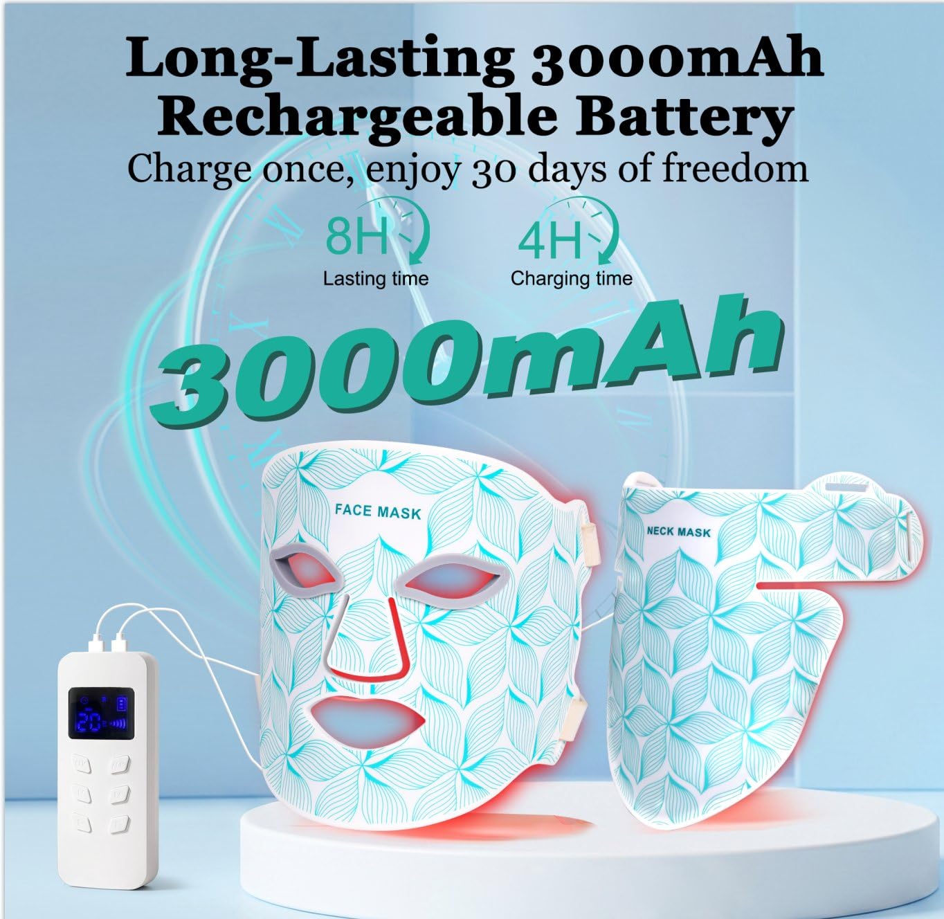 Red Light Therapy Mask for Face and Neck. 8 Colors Glow LED Mask 850nm NIR | 3000mAh Rechargeable. Full-Body Therapy Mask. for Anti-Aging & Wrinkles. Skin Rejuvenation. 10-30min Timer. Eye Protection