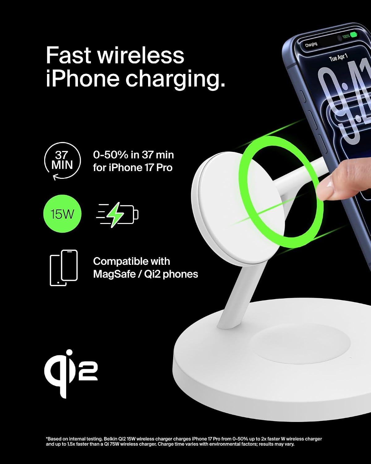Belkin Qi2 15W Wireless Charging Station. 3 in 1 iPhone Charger | Fast Charging. MagSafe Compatible. iPhone 17/16/15. Apple Watch. AirPods. Travel Charger. Magnetic