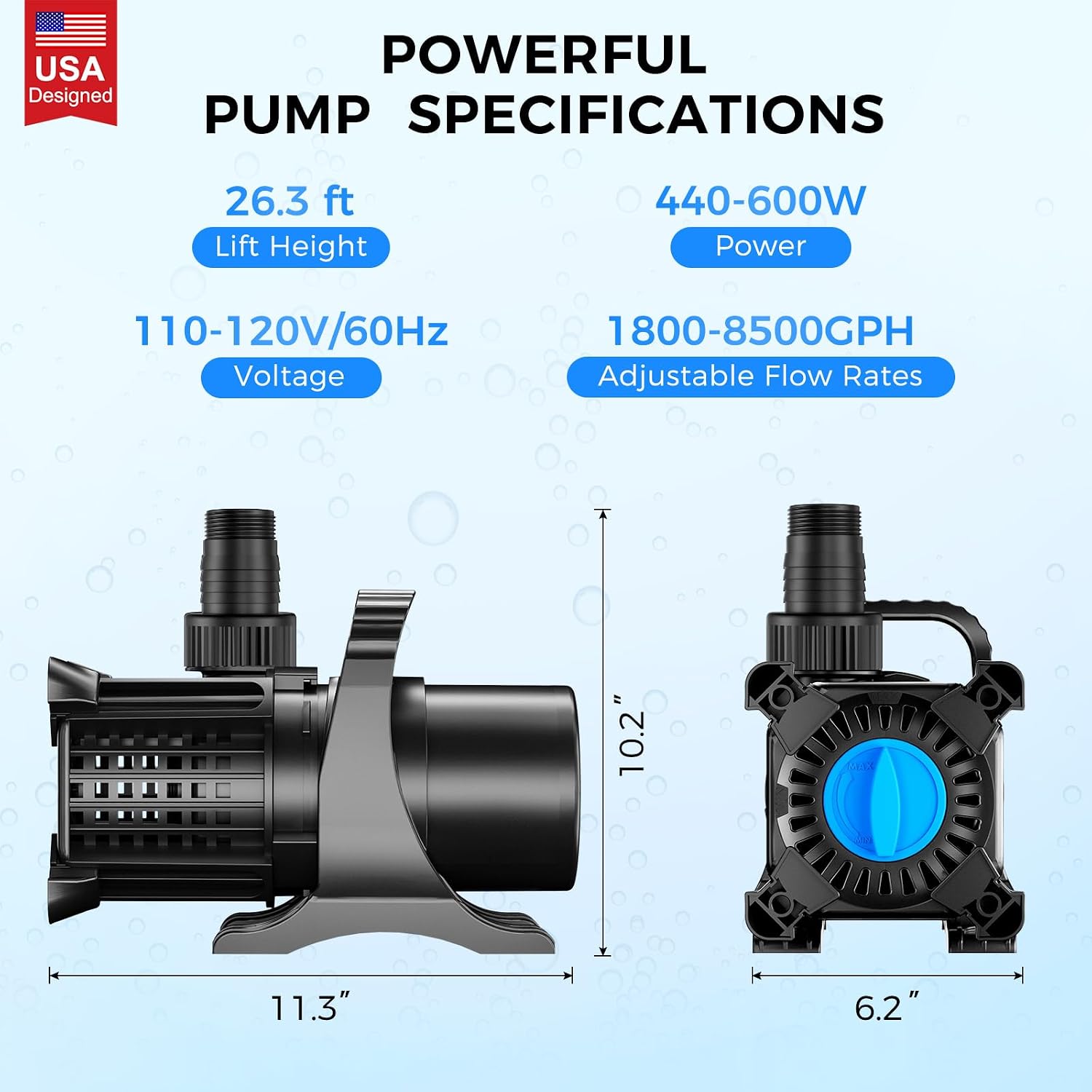 OYO Water Pond Pump. 8500 GPH Adjustable Flow Submersible Water Pump with Filter Bag. Copper Motor. IPX8 Waterproof for Outdoor Koi Pond. Fountain. Waterfall. Hydroponics