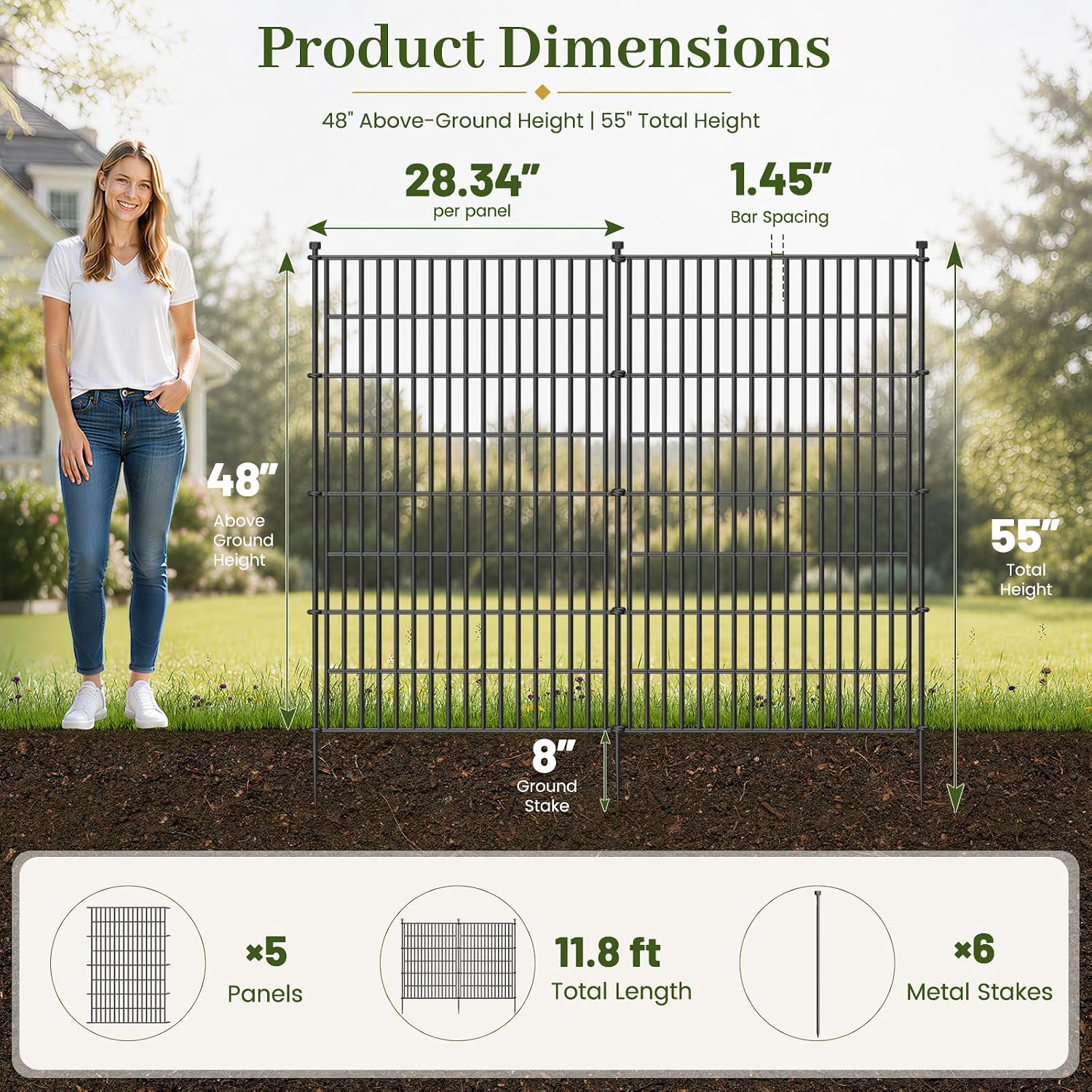 No Dig Garden Fence Outdoor for Yard. 48in (H) x 11.8ft(L) | 5 Panels Animal Barrier Fence. Rustproof Metal Temporary Dog Fence. Decorative Fencing for Patio. Flower Bed