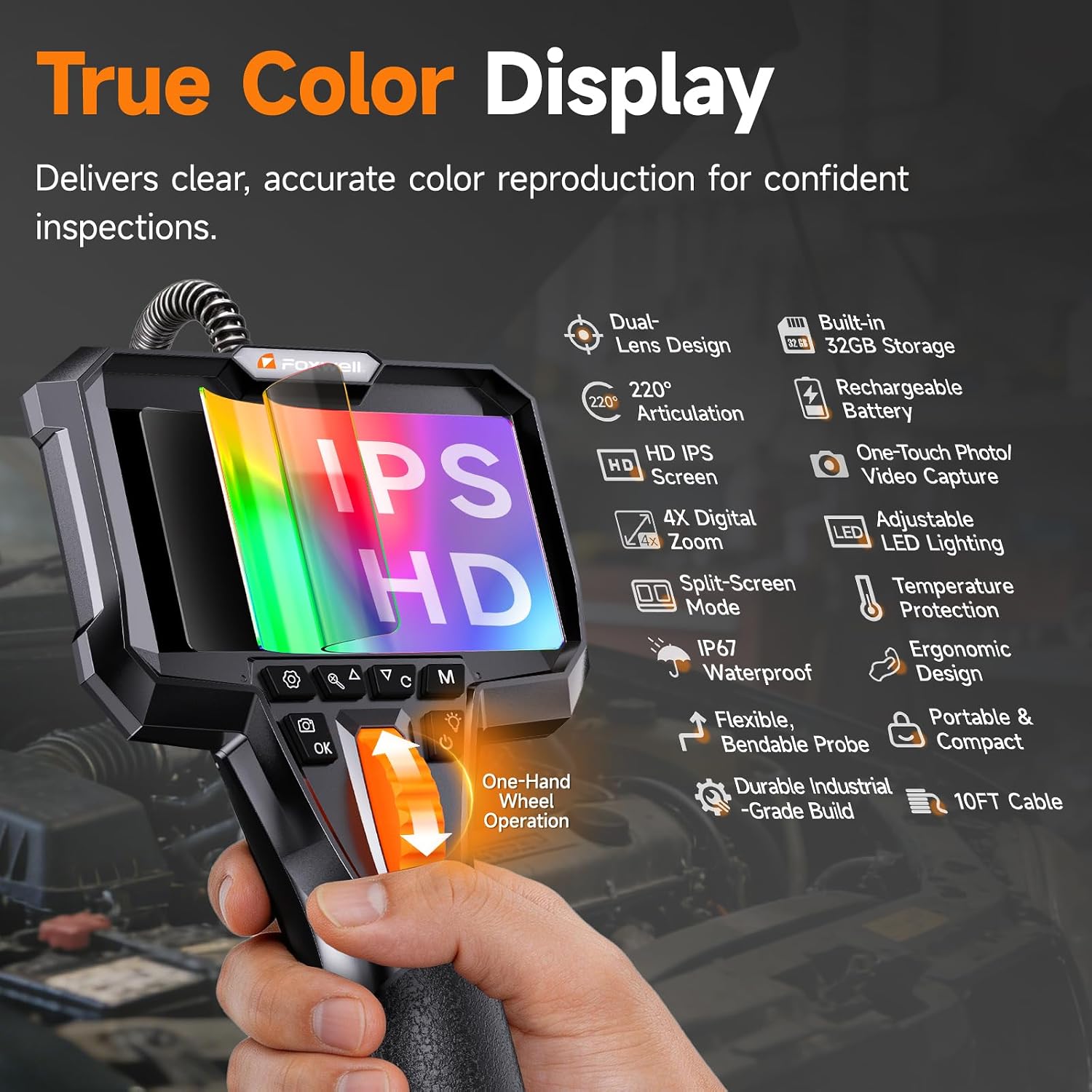 FOXWELL 10FT Dual Lens Borescope. 220° 2-Way Articulating Endoscope Camera | with Light. HD IPS Display. Semi-Rigid Snake Probe. Industrial Borescopes for Automotive Engine Pipe HVAC & Home Inspection