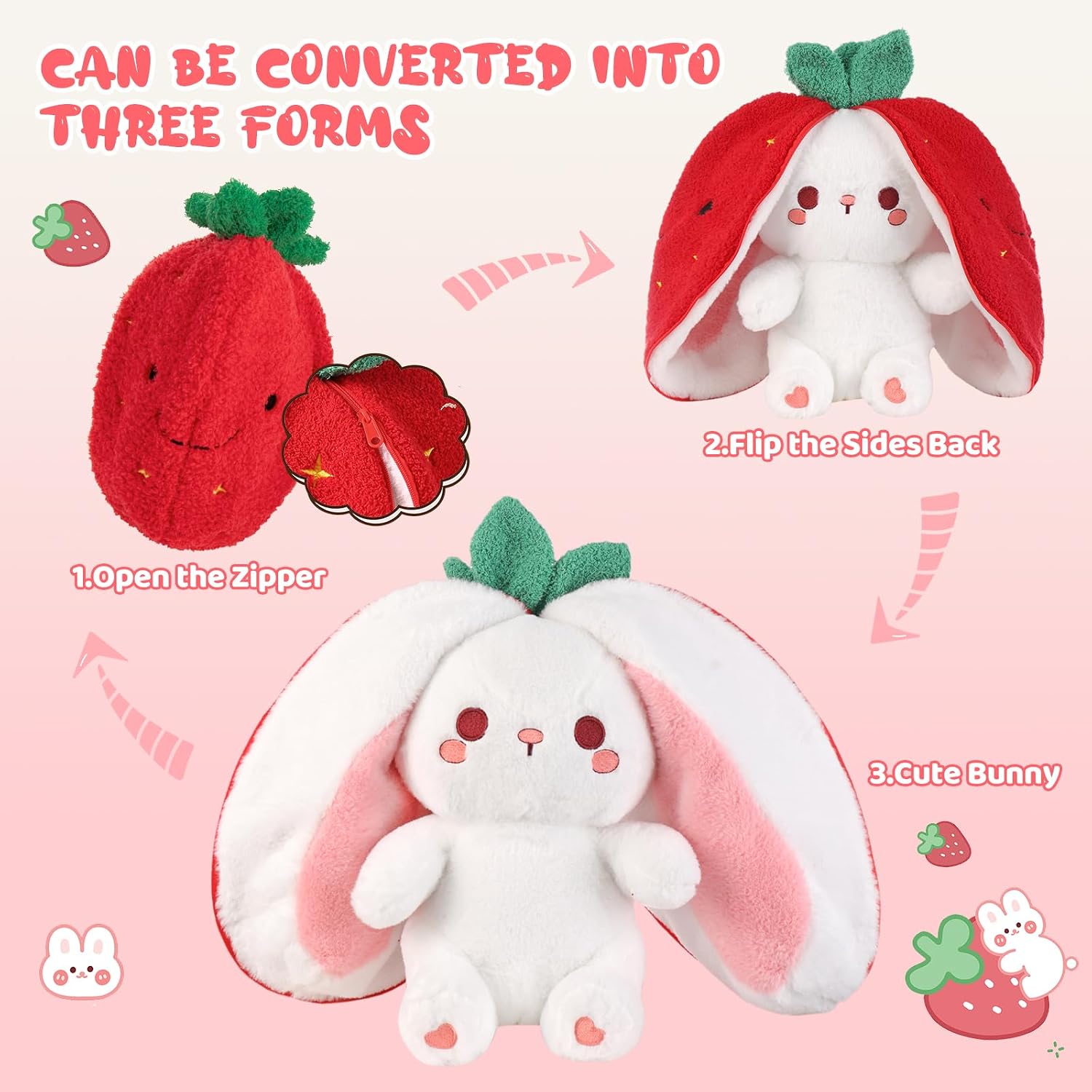 Emoin Reversible Bunny Strawberry Stuffed Animal. 13.7 Inch | 2-in-1 Zip & Flip
