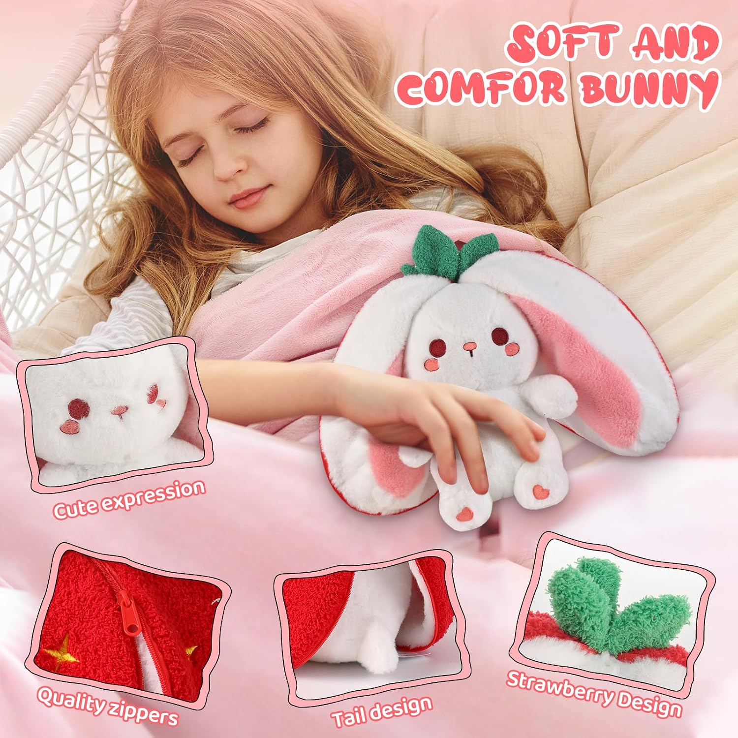 Emoin Reversible Bunny Strawberry Stuffed Animal. 13.7 Inch | 2-in-1 Zip & Flip