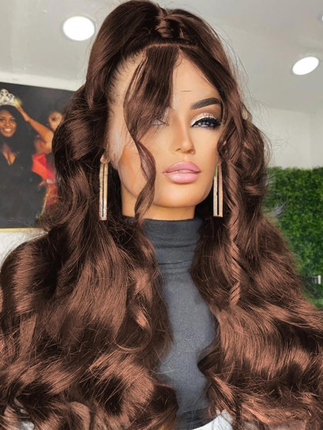Fongly Chocolate Brown Lace Front Wig Human Hair 30 Inch 13x6 HD Transparent Body Wave Lace Front Wigs Pre Plucked 200% Density Colored #4 Frontal Wigs Human Hair