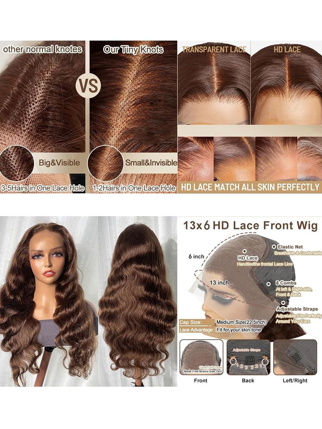Fongly Chocolate Brown Lace Front Wig Human Hair 30 Inch 13x6 HD Transparent Body Wave Lace Front Wigs Pre Plucked 200% Density Colored #4 Frontal Wigs Human Hair