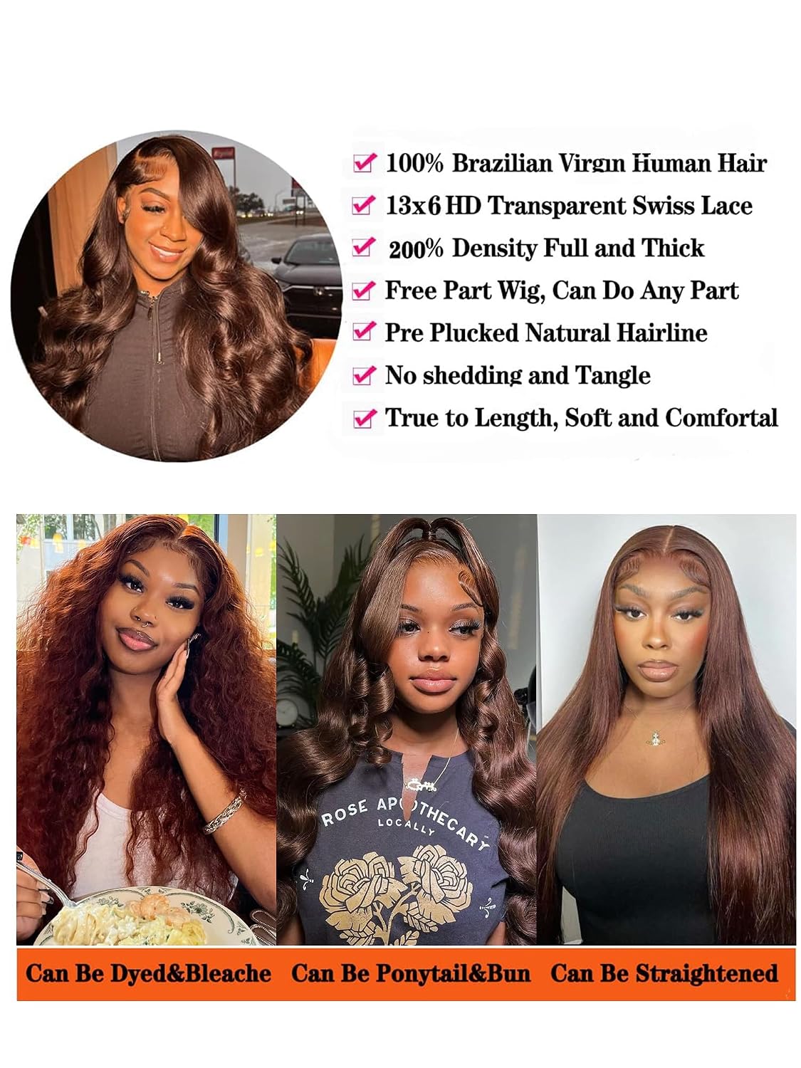 Fongly Chocolate Brown Lace Front Wig Human Hair 30 Inch 13x6 HD Transparent Body Wave Lace Front Wigs Pre Plucked 200% Density Colored #4 Frontal Wigs Human Hair