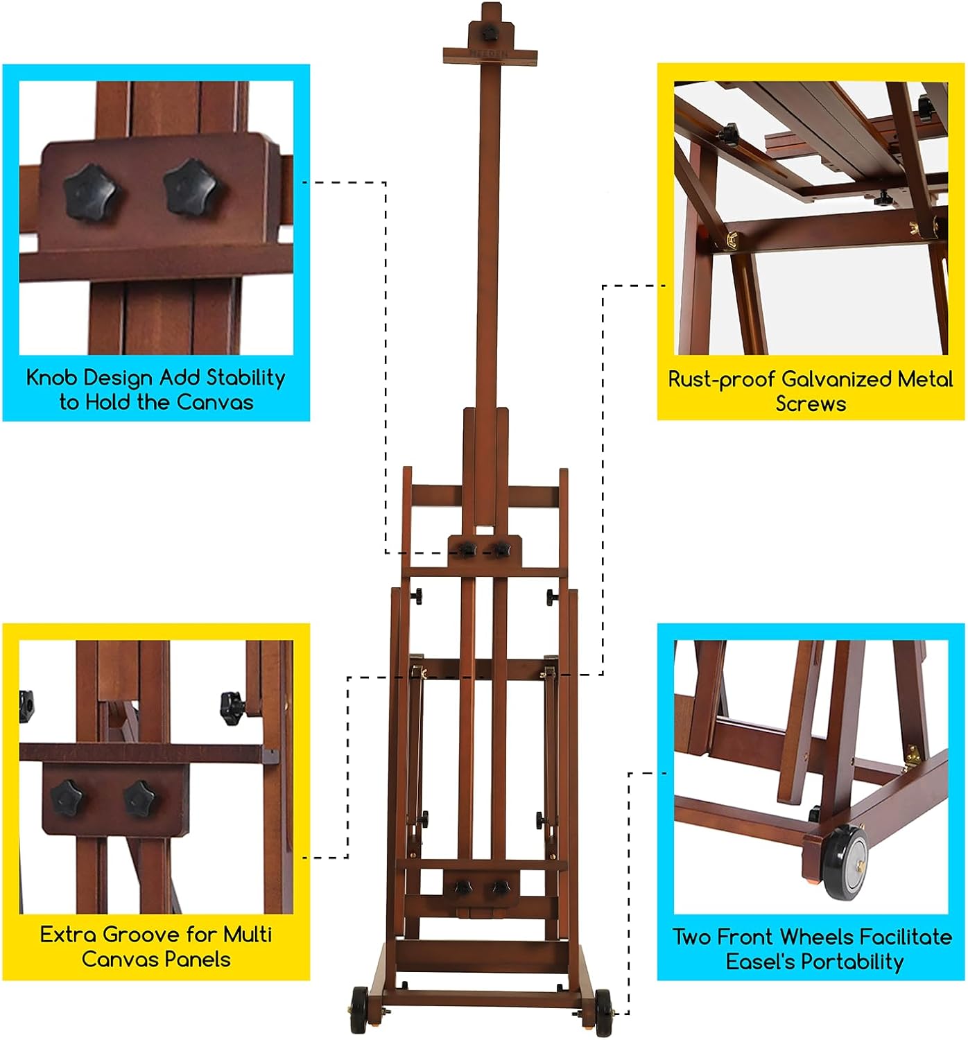 MEEDEN Studio H-Frame Easel -Adjustable Beech Wood Studio Art Easel. Painting Floor Easel Stand. Movable and Tilting Flat Available. Holds Canvas Art up to 77.Classic Walnut