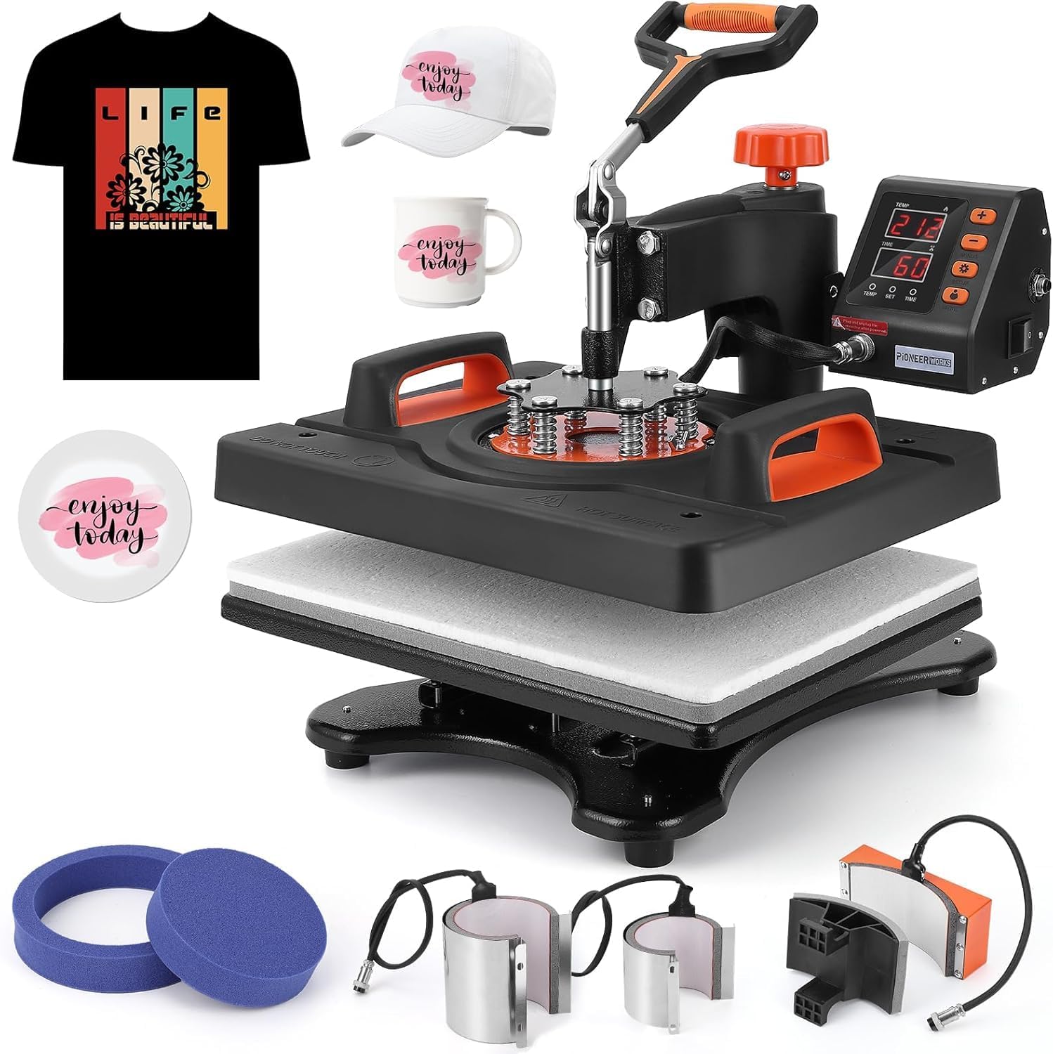 PIONEERWORKS Heat Press Machine 12 X 15 inch. 6 in 1 Shirt Printing Heat Transfer Machine 360° Swing Away. Digital Industrial-Quality Shirt Pressing Machine for Shirt. Hat. Mug. Plate. Orange