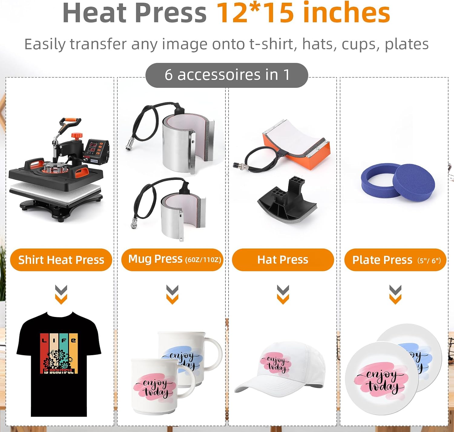 PIONEERWORKS Heat Press Machine 12 X 15 inch. 6 in 1 Shirt Printing Heat Transfer Machine 360° Swing Away. Digital Industrial-Quality Shirt Pressing Machine for Shirt. Hat. Mug. Plate. Orange