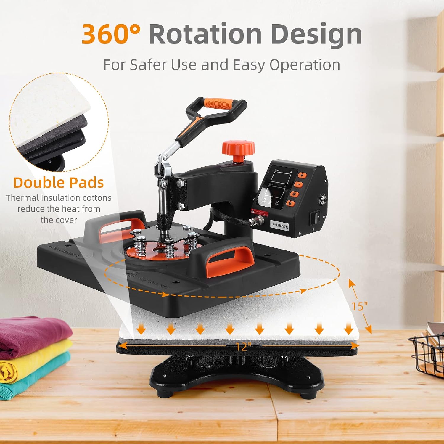 PIONEERWORKS Heat Press Machine 12 X 15 inch. 6 in 1 Shirt Printing Heat Transfer Machine 360° Swing Away. Digital Industrial-Quality Shirt Pressing Machine for Shirt. Hat. Mug. Plate. Orange