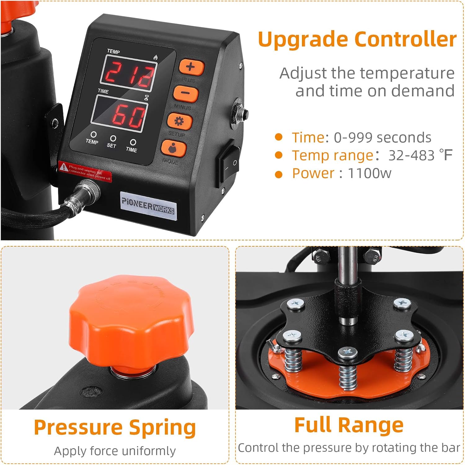 PIONEERWORKS Heat Press Machine 12 X 15 inch. 6 in 1 Shirt Printing Heat Transfer Machine 360° Swing Away. Digital Industrial-Quality Shirt Pressing Machine for Shirt. Hat. Mug. Plate. Orange