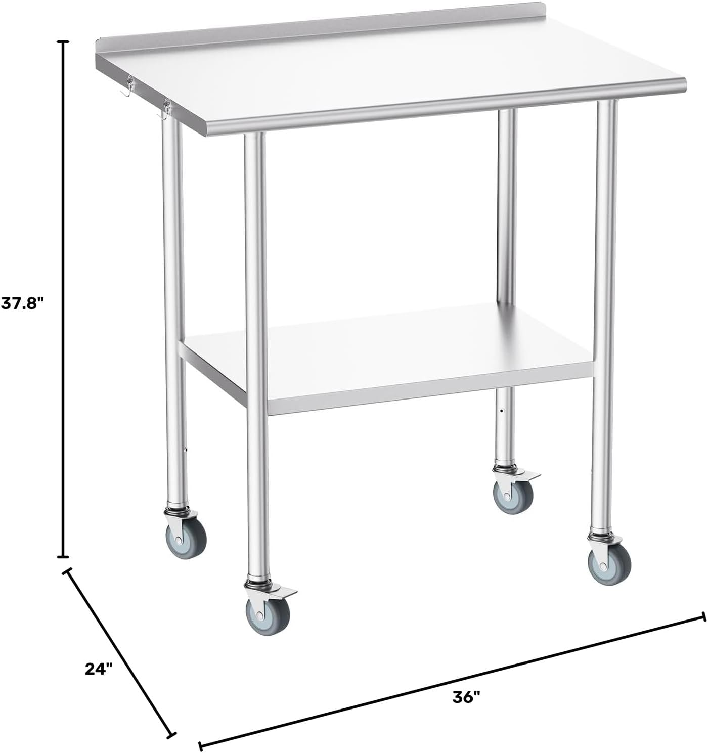 Atelicf NSF Stainless Steel Prep Table 24X36 inch. Backsplash & Casters | Mobile commercial-grade table for restaurants. kitchens. food trucks. breweries. bars. garages. and BBQ