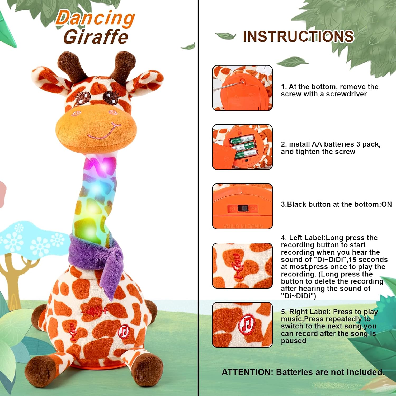 Dancing Talking Giraffe Toy for Baby Toddler. Dancing Giraffe Toy Singing Mimicking Recording Repeating What You Say with LED English Sing for Boys Girls Gift. 15 Second Recorde(Adjustable Volume) | Mimicking Repeating What You Say. LED Flashing Plush Gift for Baby Toddler. Adjustable Volume