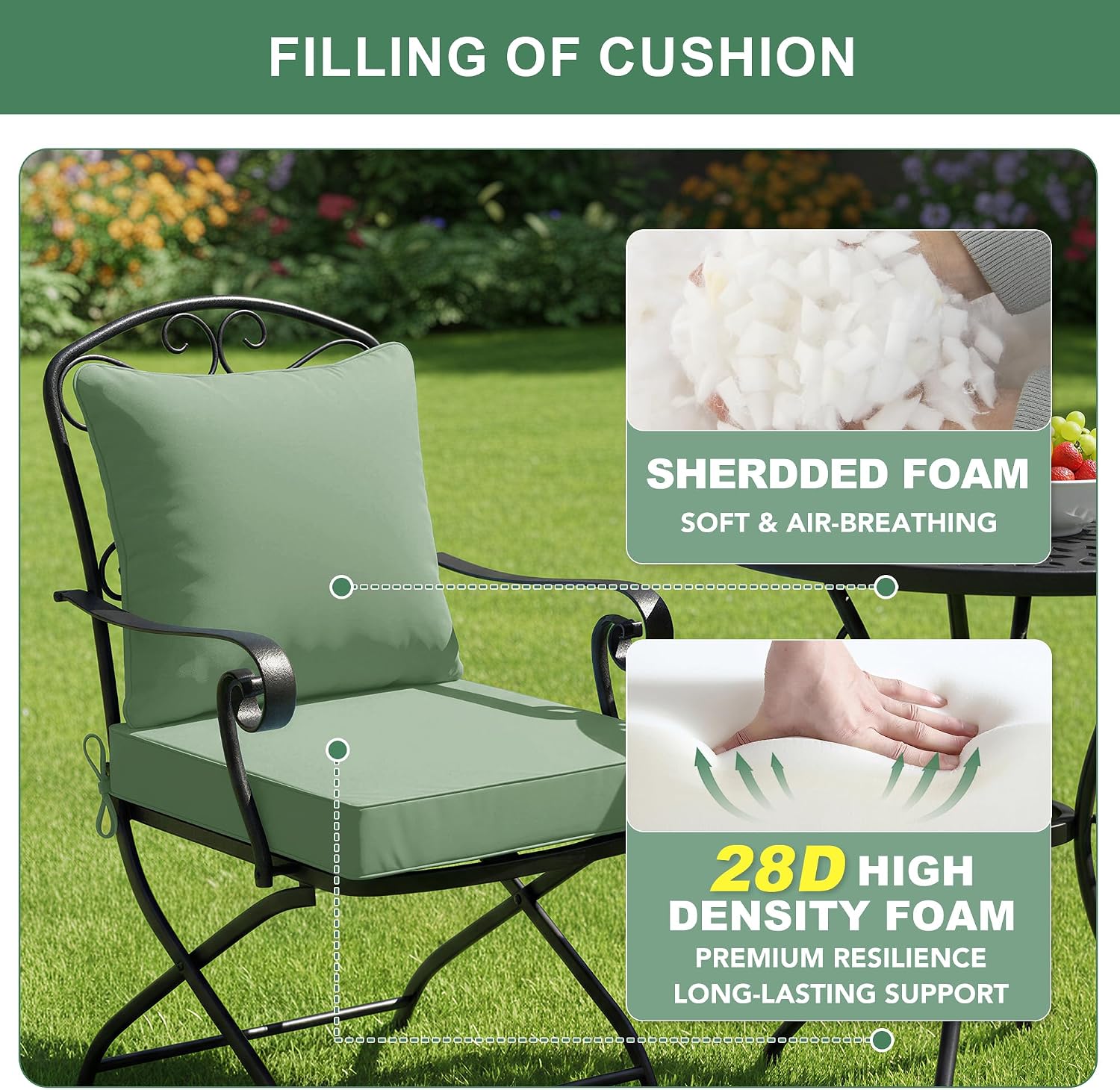 Summsun Outdoor Chair Cushions Set of 2. 22 x 22 Inch. Sage Green | Double-Sided Water Resistant. Removable Cover. Back Pillow & Seat Cushion. Tie Straps. Fit for Patio. Garden. Sofa Couch