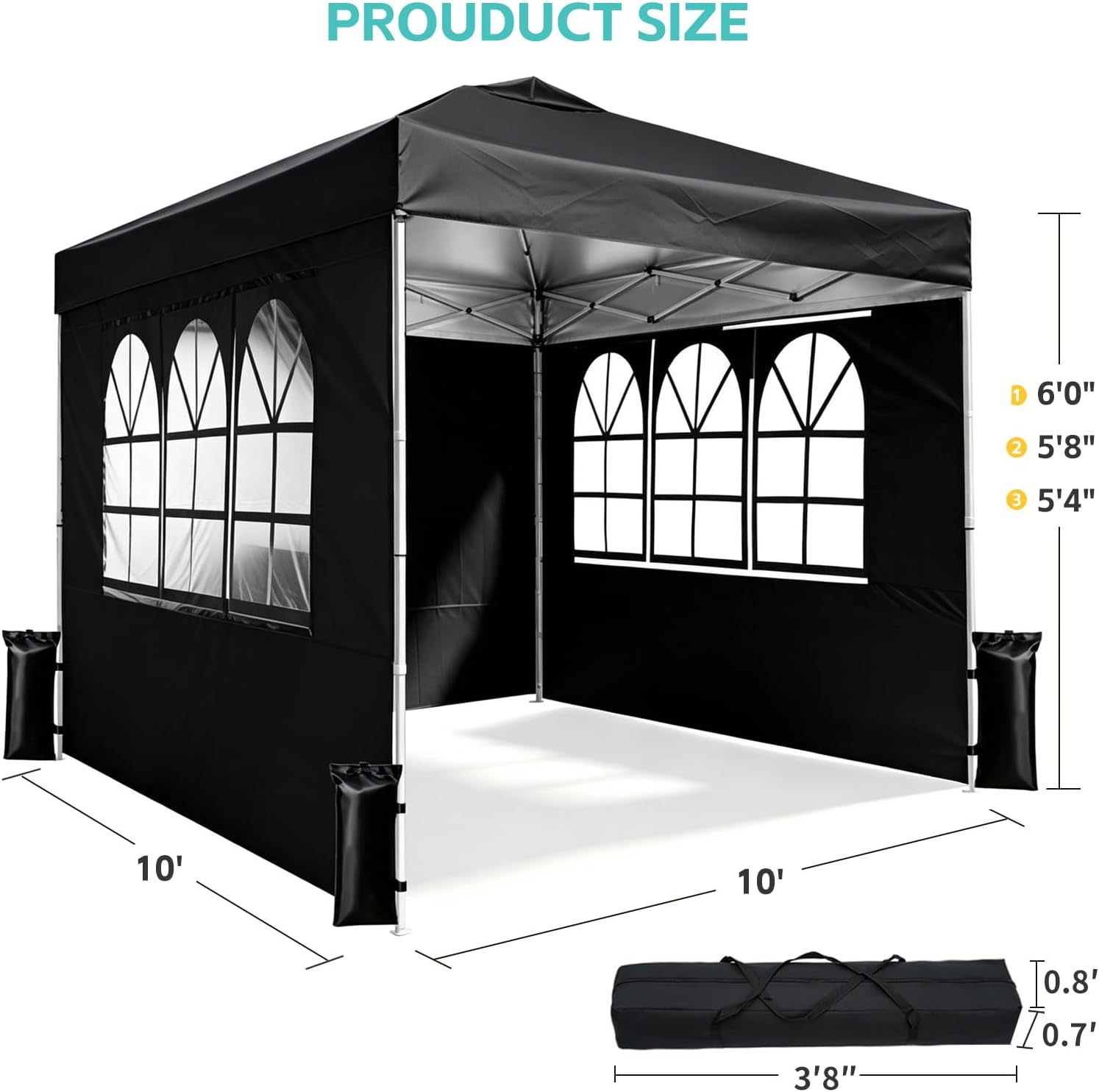 Pone·vora 10x10 One Push Pop Up Canopy Tent with Vented Roof. Black | UPF 50+ UV Protection. 210D Waterproof Fabric. 3 Removable Sidewalls. Steel Frame. for Camping. Backyard Events
