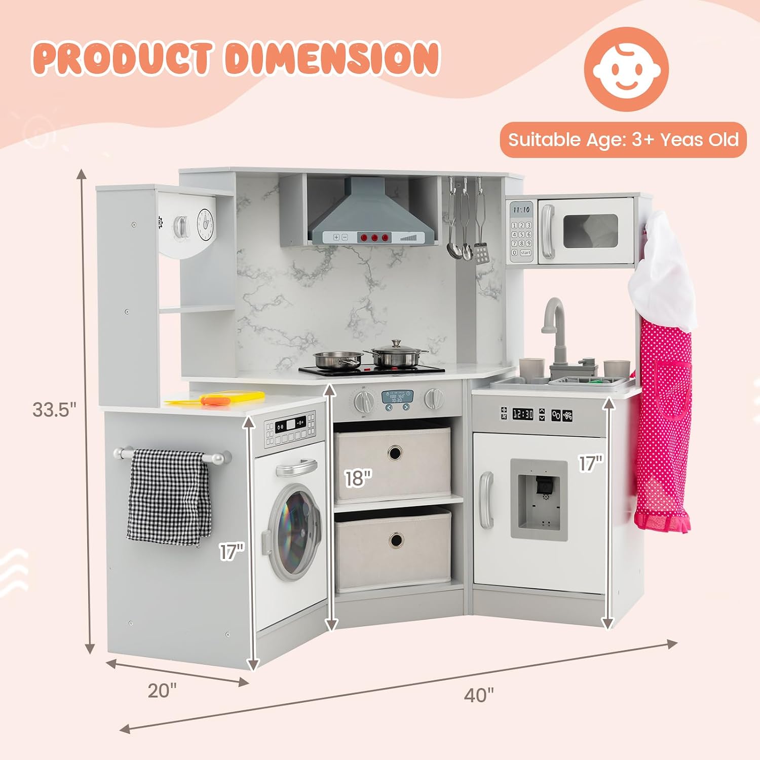 INFANS Kids Kitchen Playset with Real Running Water. Ultimate Wooden Corner Pretend Cooking Set with Simulation Light Sound Stove Storage Cabinet. Play Toy Gift