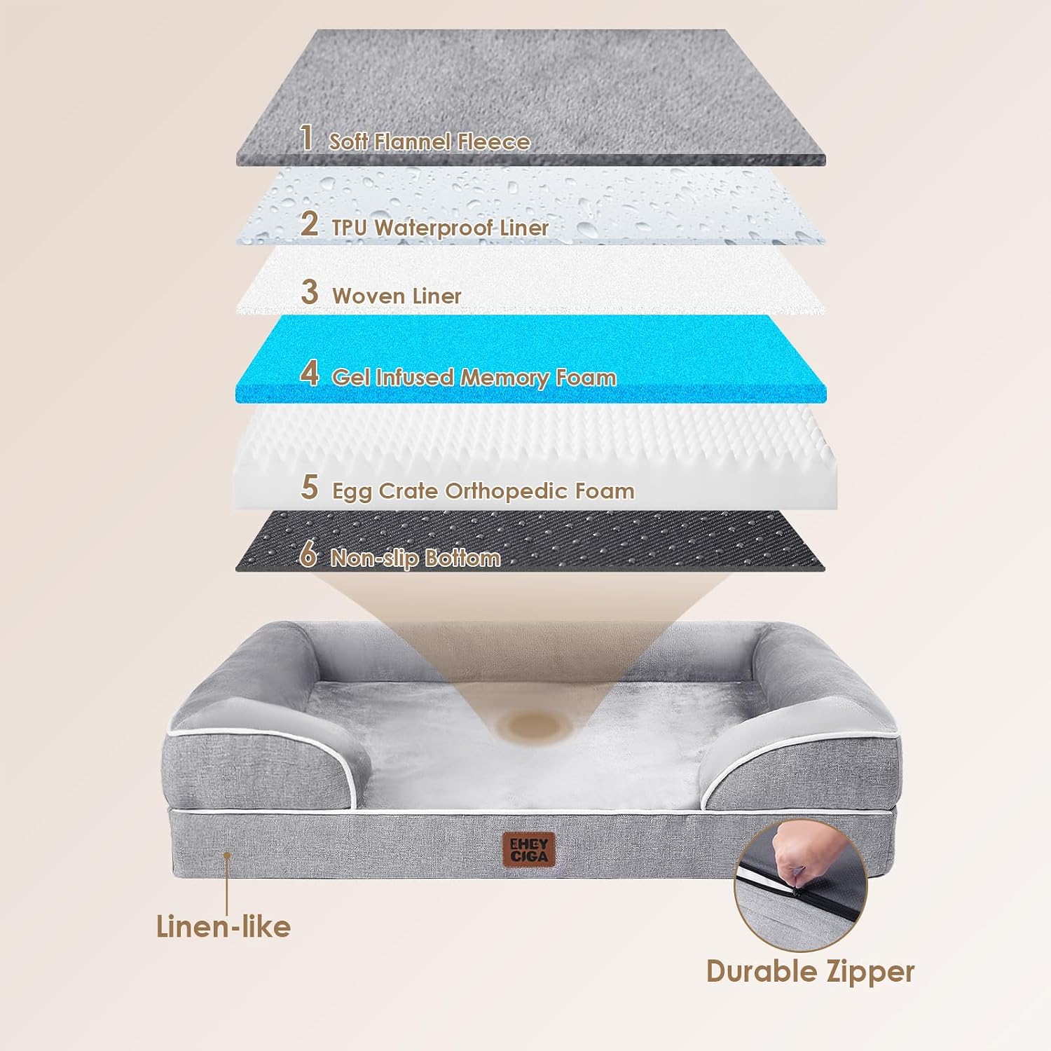 EHEYCIGA Orthopedic Extra Large Dog Bed. Waterproof Washable XL Pet Bed 44 | Non-Slip Bottom and Egg-Crate Polyurethane Foam Big Dog Couch Bed with Washable Removable Cover. Grey