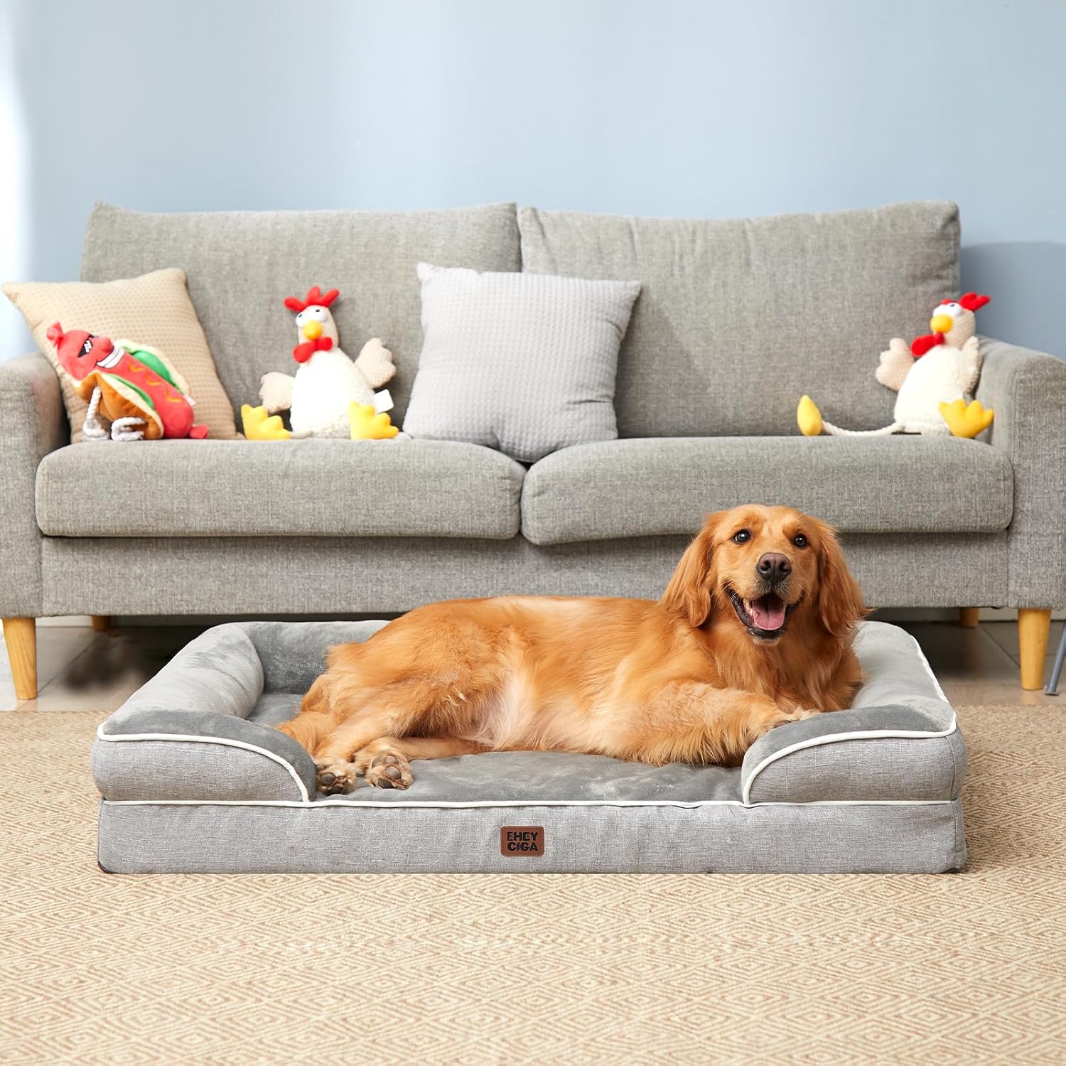 EHEYCIGA Orthopedic Extra Large Dog Bed. Waterproof Washable XL Pet Bed 44 | Non-Slip Bottom and Egg-Crate Polyurethane Foam Big Dog Couch Bed with Washable Removable Cover. Grey