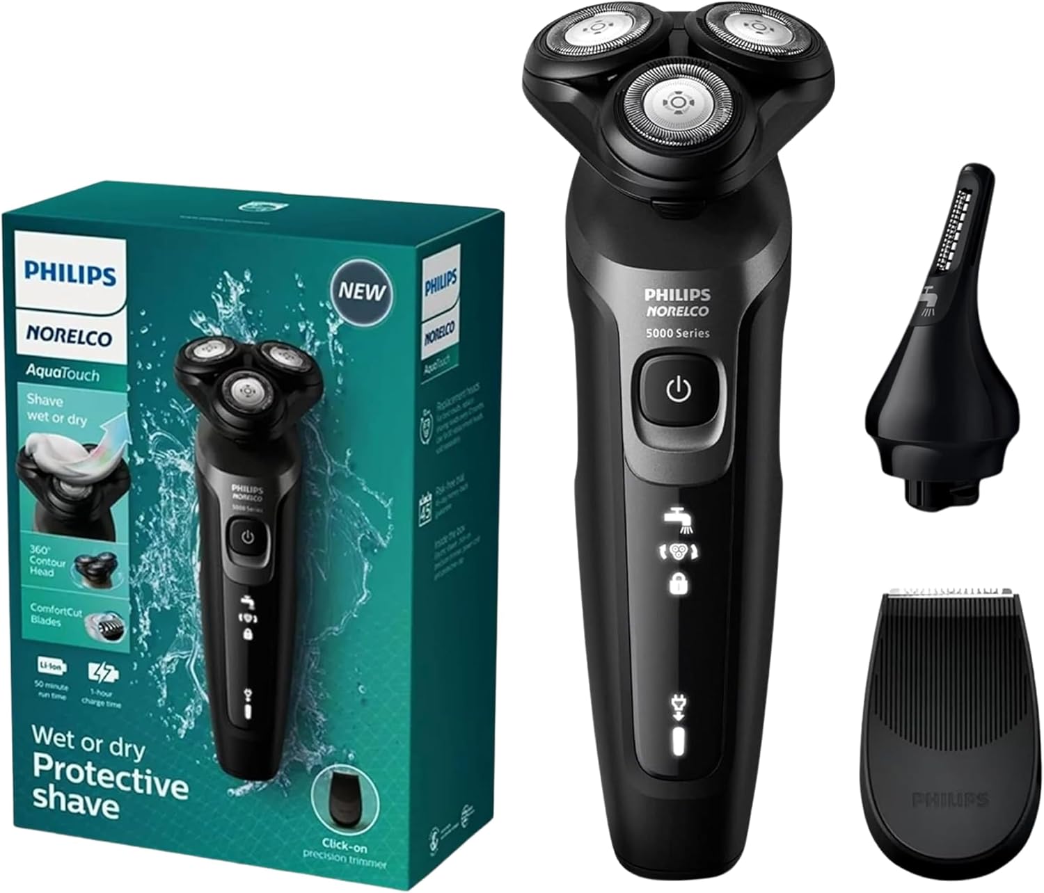 Philips Electric Shavers for Men. Rechargeable AquaTouch Mens Electric Shaver Wet and Dry with Comfort Cut Blades and Click-on Precision Trimmer. Cordless Electric Razors with 5D Flex Head