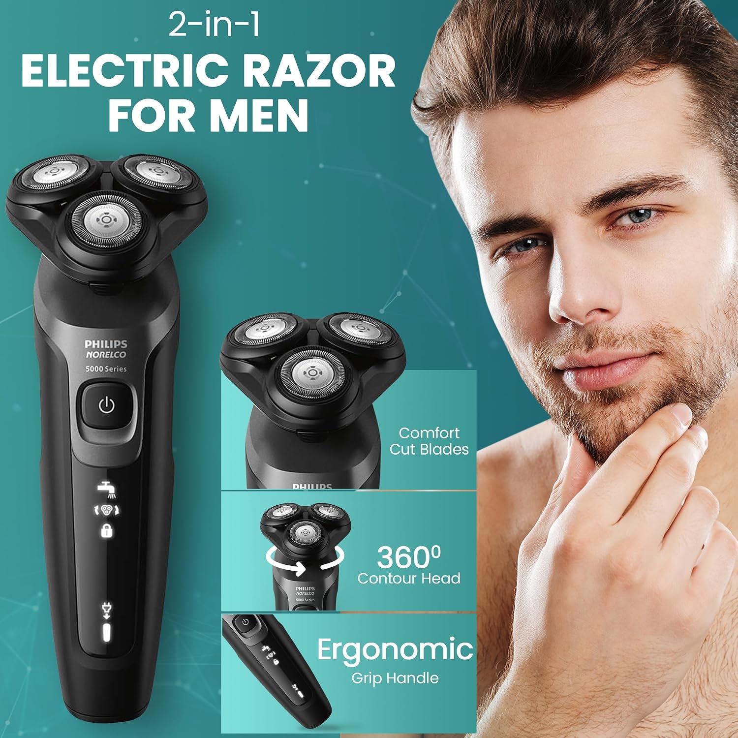 Philips Electric Shavers for Men. Rechargeable AquaTouch Mens Electric Shaver Wet and Dry with Comfort Cut Blades and Click-on Precision Trimmer. Cordless Electric Razors with 5D Flex Head