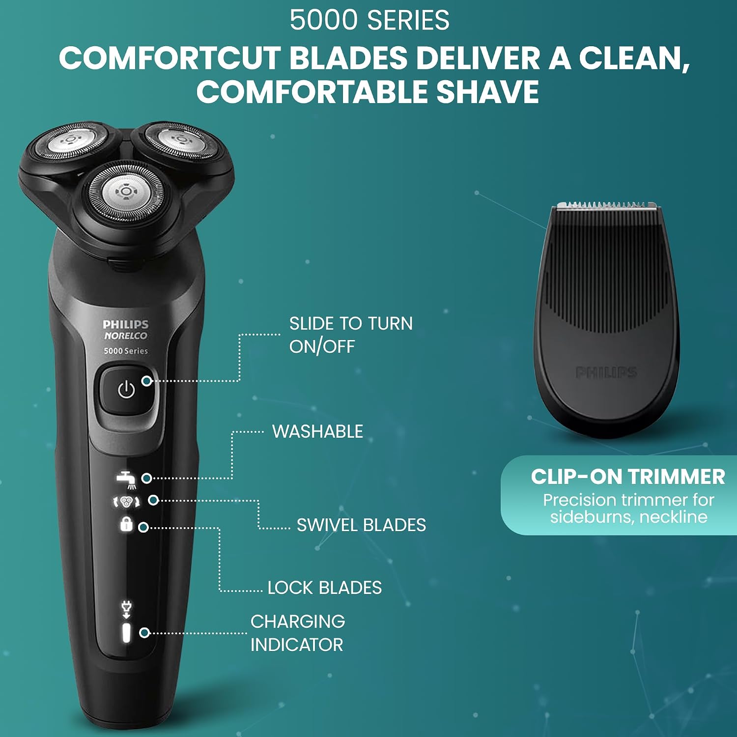 Philips Electric Shavers for Men. Rechargeable AquaTouch Mens Electric Shaver Wet and Dry with Comfort Cut Blades and Click-on Precision Trimmer. Cordless Electric Razors with 5D Flex Head