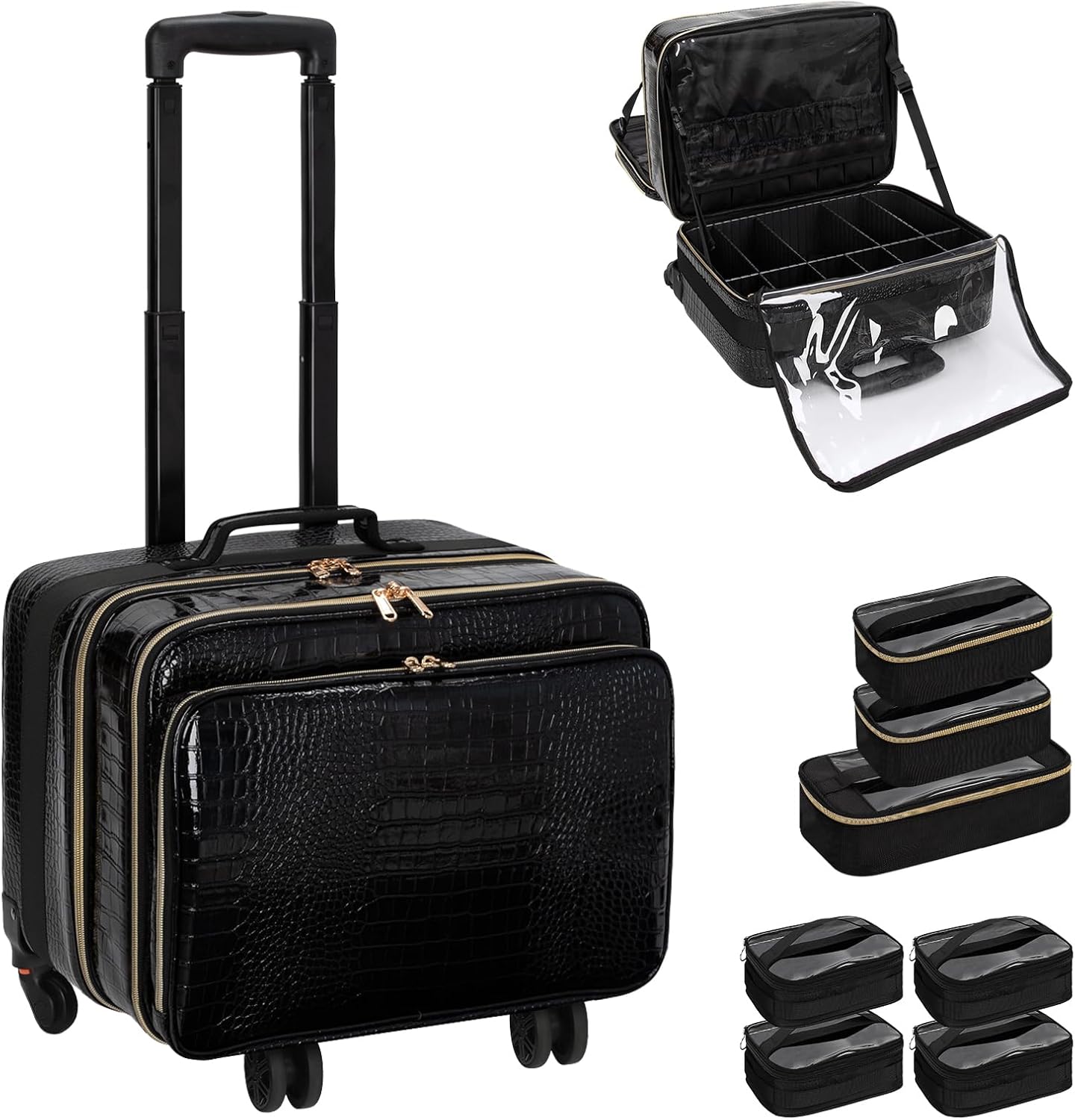 OCHEAL Rolling Makeup Train Case.with 7 Pcs Clear Makeup Bags. 18 Carry On Travel Cosmetic Organizer Suitcase.Extra Large Storage Trolley Makeup Case On Wheels for Hairstylist Cosmetology Artist