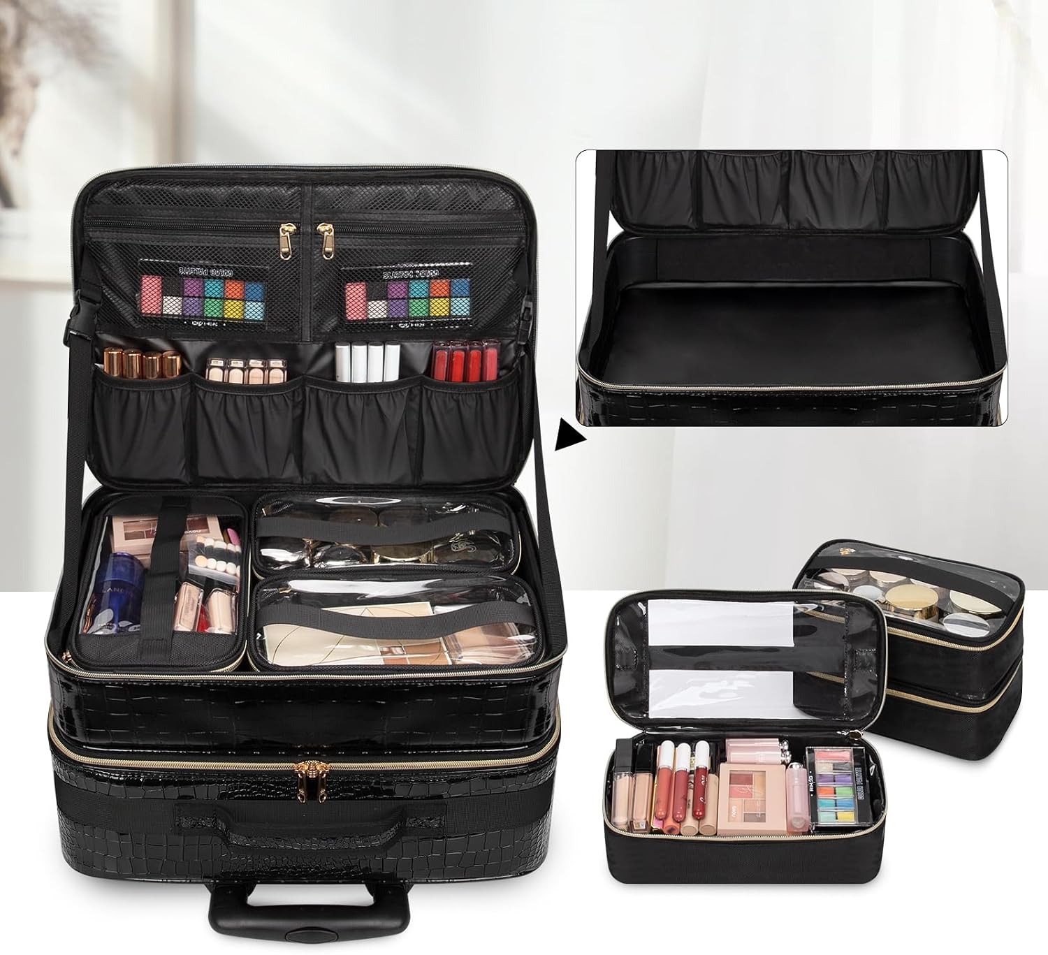OCHEAL Rolling Makeup Train Case.with 7 Pcs Clear Makeup Bags. 18 Carry On Travel Cosmetic Organizer Suitcase.Extra Large Storage Trolley Makeup Case On Wheels for Hairstylist Cosmetology Artist