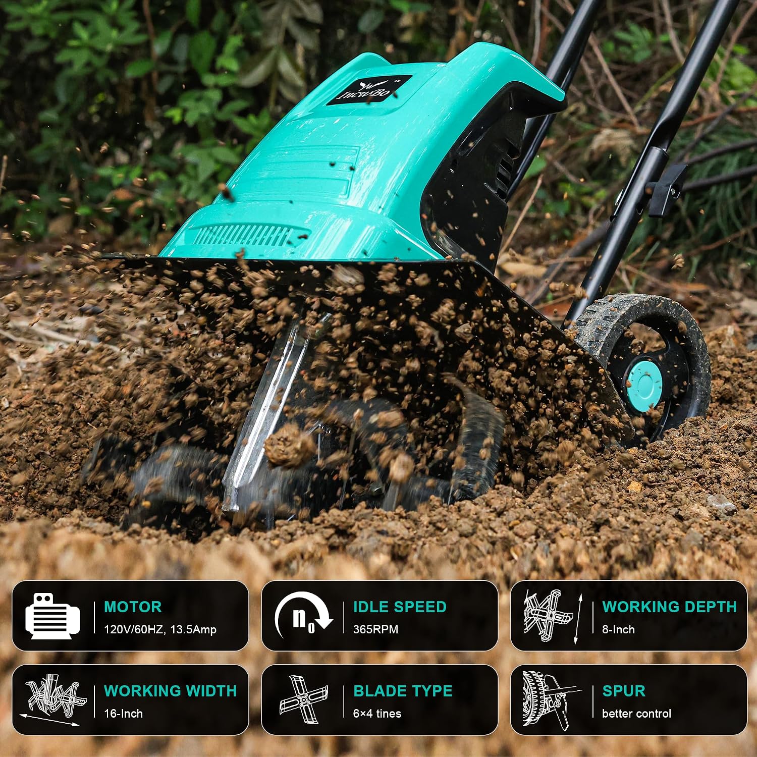 IncwBo 16'' 13.5AMP Corded Electric Garden Roto Tiller Cultivator Powerful | Electric front tine tiller lightweight. Metal baffle. Overload protected. Tills hard clay soil smooth. Easy (dis)assemble