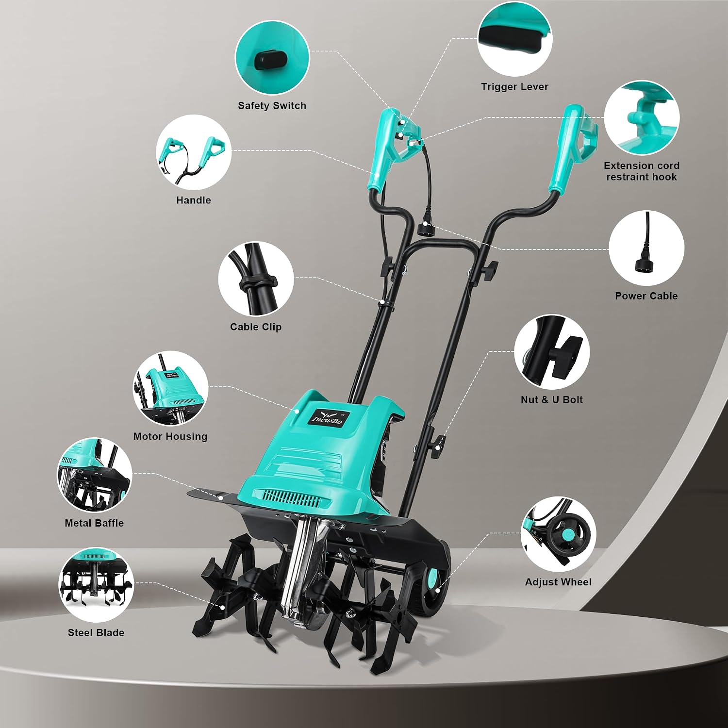 IncwBo 16'' 13.5AMP Corded Electric Garden Roto Tiller Cultivator Powerful | Electric front tine tiller lightweight. Metal baffle. Overload protected. Tills hard clay soil smooth. Easy (dis)assemble