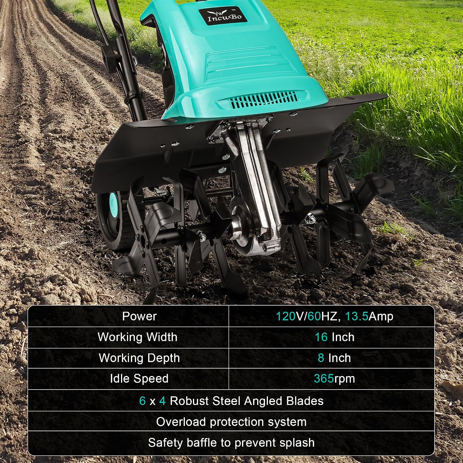 IncwBo 16'' 13.5AMP Corded Electric Garden Roto Tiller Cultivator Powerful | Electric front tine tiller lightweight. Metal baffle. Overload protected. Tills hard clay soil smooth. Easy (dis)assemble