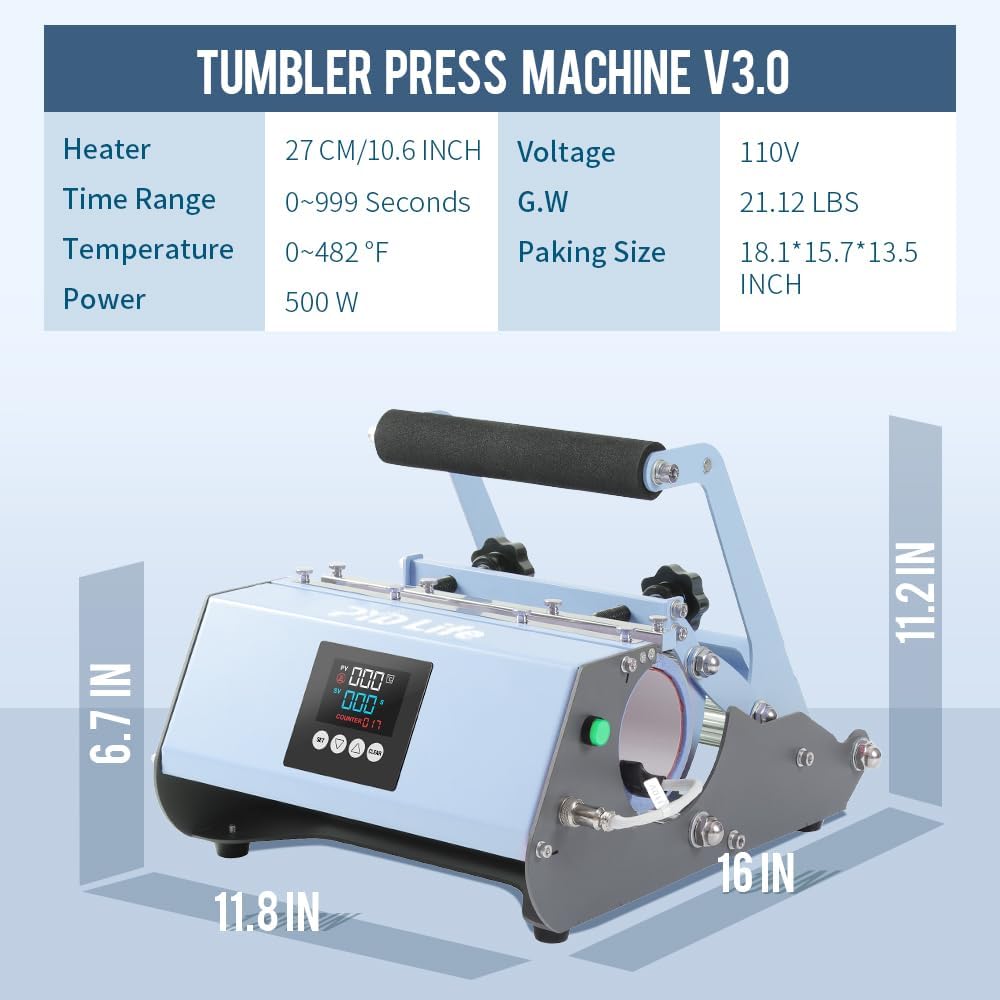 PYD Life 30 OZ 20 OZ Tumbler Heat Press Machine 110 V Light Blue | Mug Heat Press for Sublimation Blanks Straight Tumblers Mugs Cups Water Bottles Printing