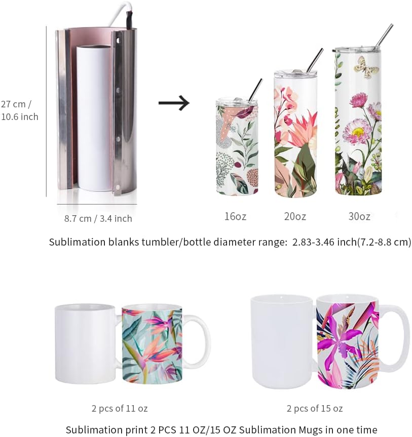 PYD Life 30 OZ 20 OZ Tumbler Heat Press Machine 110 V Light Blue | Mug Heat Press for Sublimation Blanks Straight Tumblers Mugs Cups Water Bottles Printing