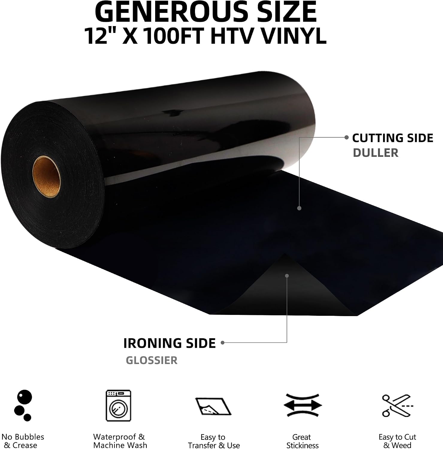 FUNKAKA Heat Transfer Vinyl Rolls. 12 x 100ft Black Iron on Vinyl | Glossy HTV Vinyl for All Cutter Machines for Shirts - Easy to Cut & Weed for Heat Vinyl Design