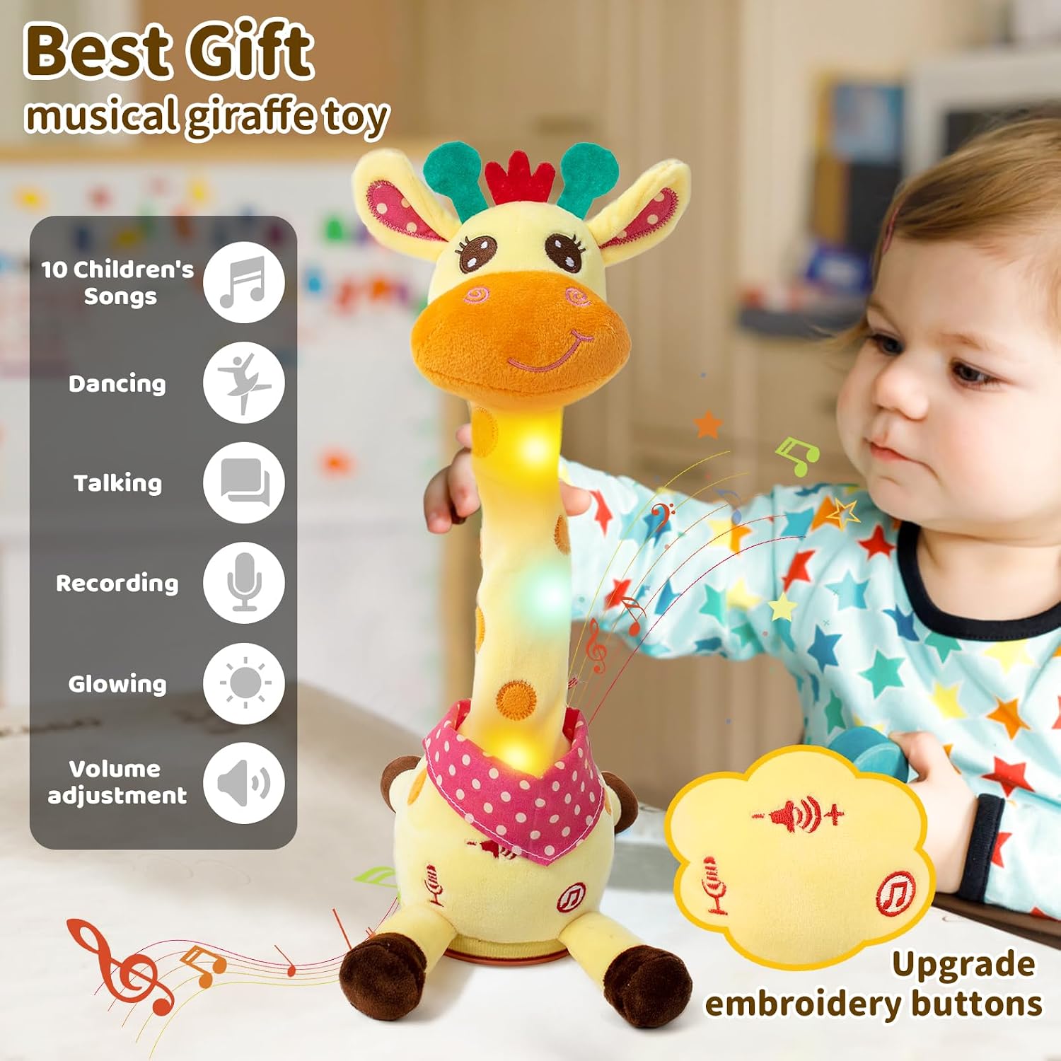 Emoin Dancing Talking Giraffe Baby Toy | Adjustable Volume Singing 10 Children's Songs. Mimicking Recording Repeating What You Say for Toddlers