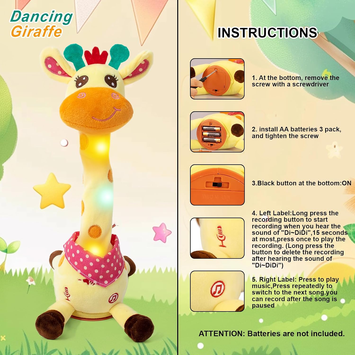 Emoin Dancing Talking Giraffe Baby Toy | Adjustable Volume Singing 10 Children's Songs. Mimicking Recording Repeating What You Say for Toddlers