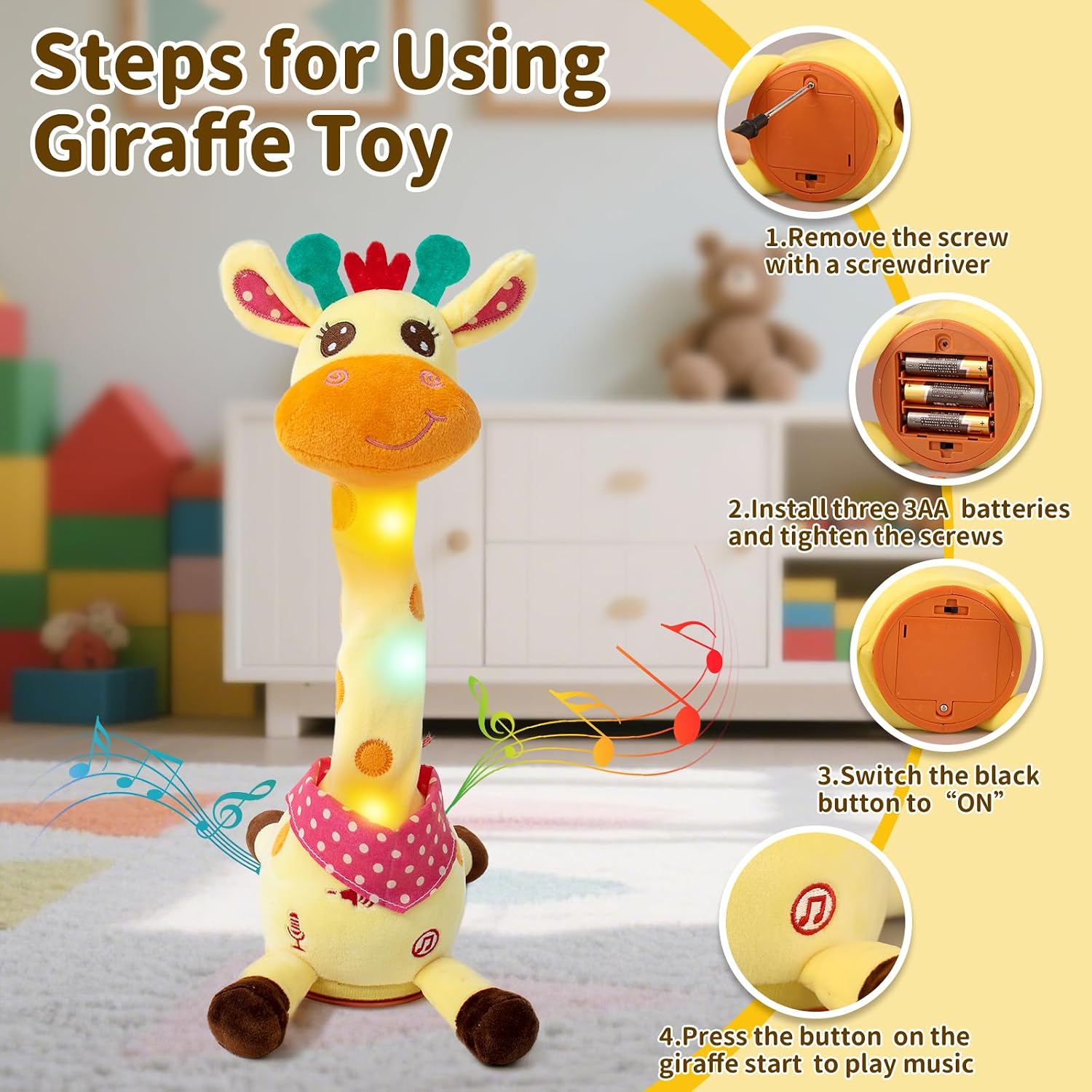 Emoin Dancing Talking Giraffe Baby Toy | Adjustable Volume Singing 10 Children's Songs. Mimicking Recording Repeating What You Say for Toddlers